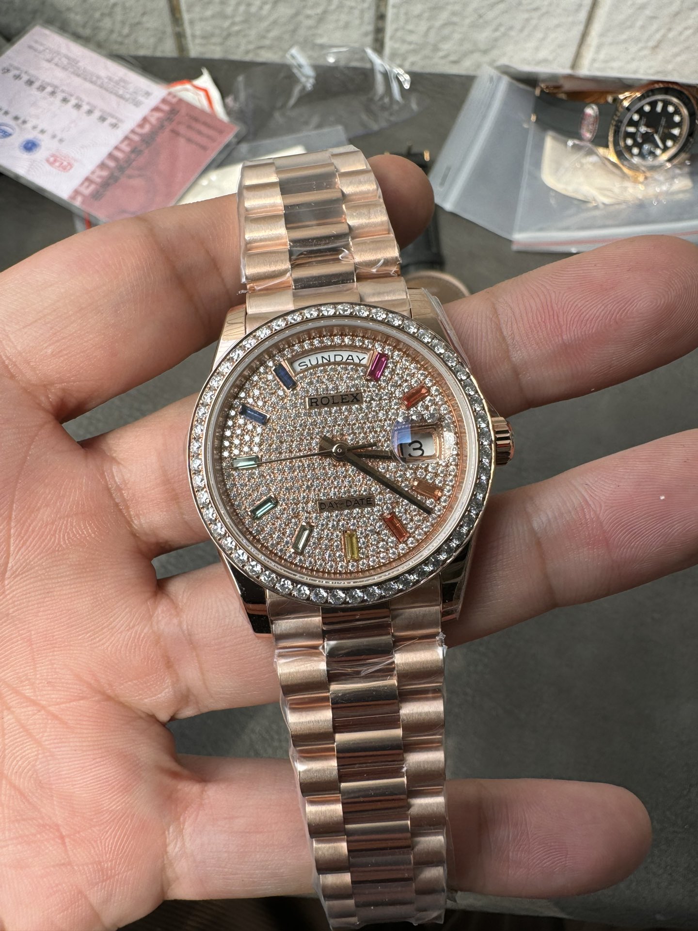 Super Clone Rolex 1:1 Day-Date 36 228345RBR Rainbow Diamond Dial Rose Gold Watch