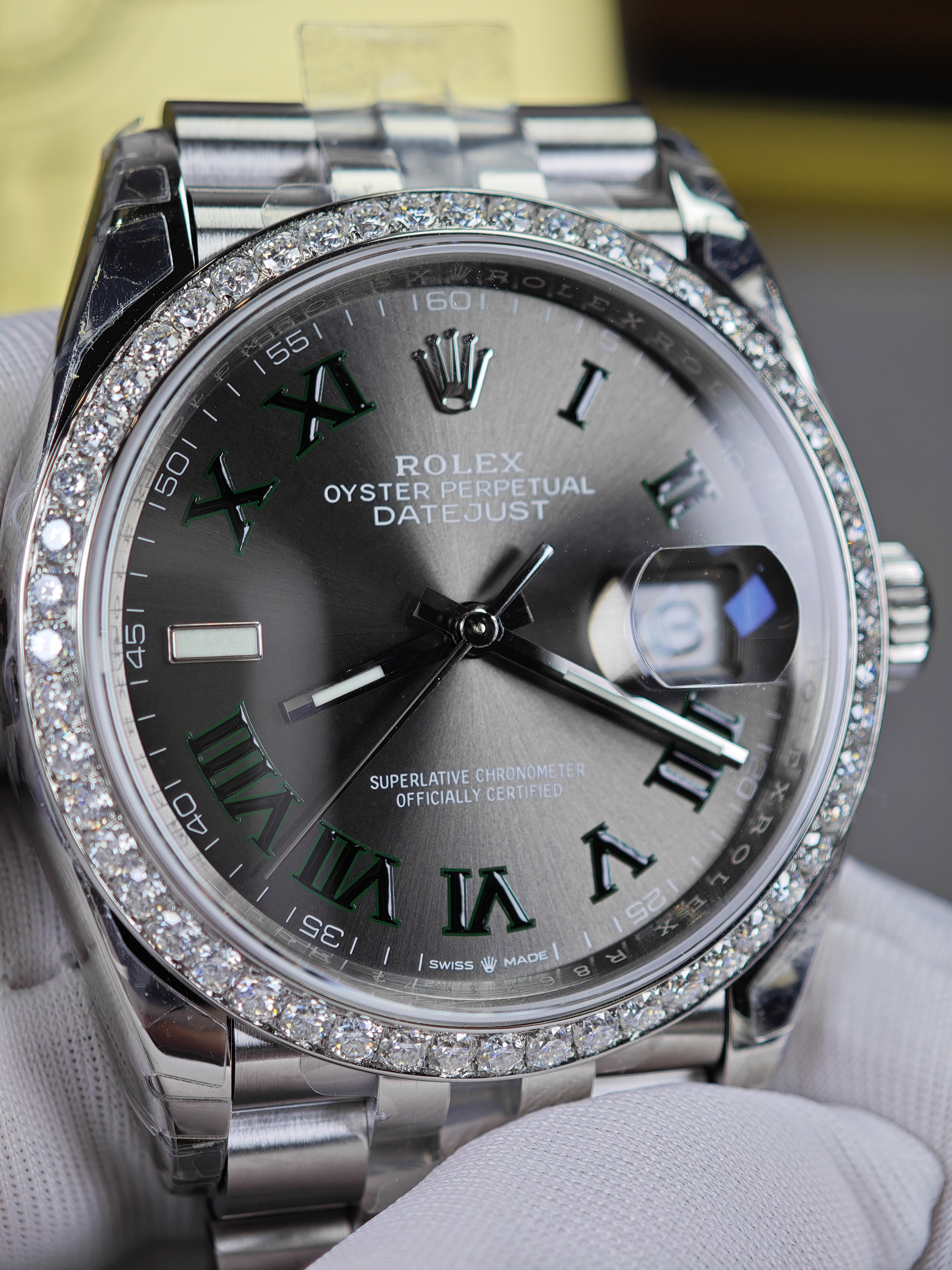 Super Clone Rolex 1:1 Datejust 36mm Green Roman Dial Diamond Bezel Jubilee Bracelet 3235 Movement Watch