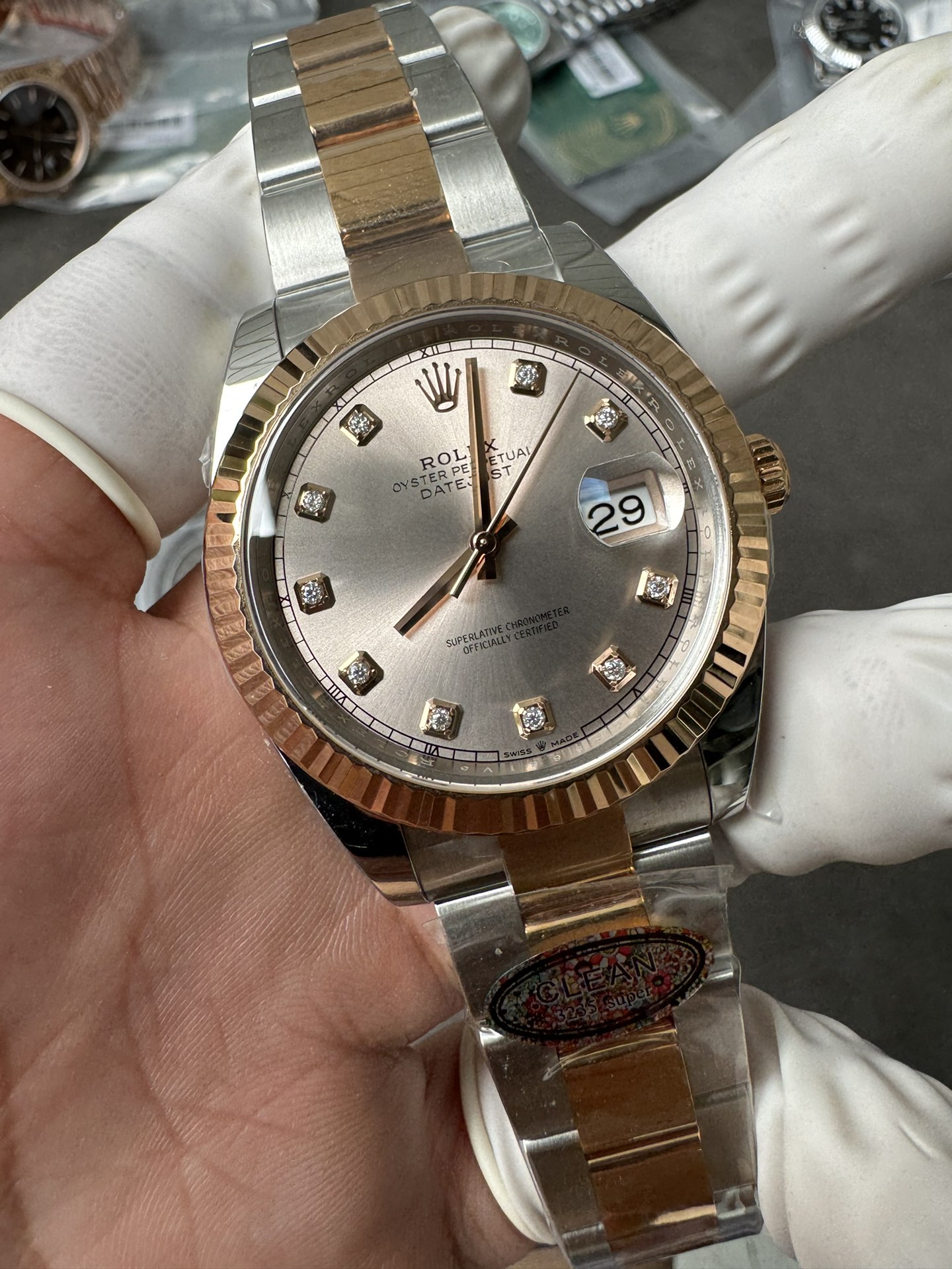 Super Clone Rolex 1:1 Datejust 41mm 126331 3235 Movement – Champagne Diamond Dial & Two-Tone Oyster Bracelet