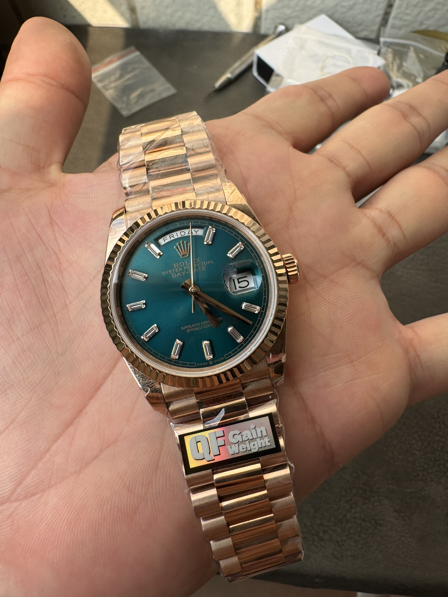 Super Clone Rolex Day-Date 36 | Ice Blue Dial & Rose Gold President Style – 1:1 Perfection