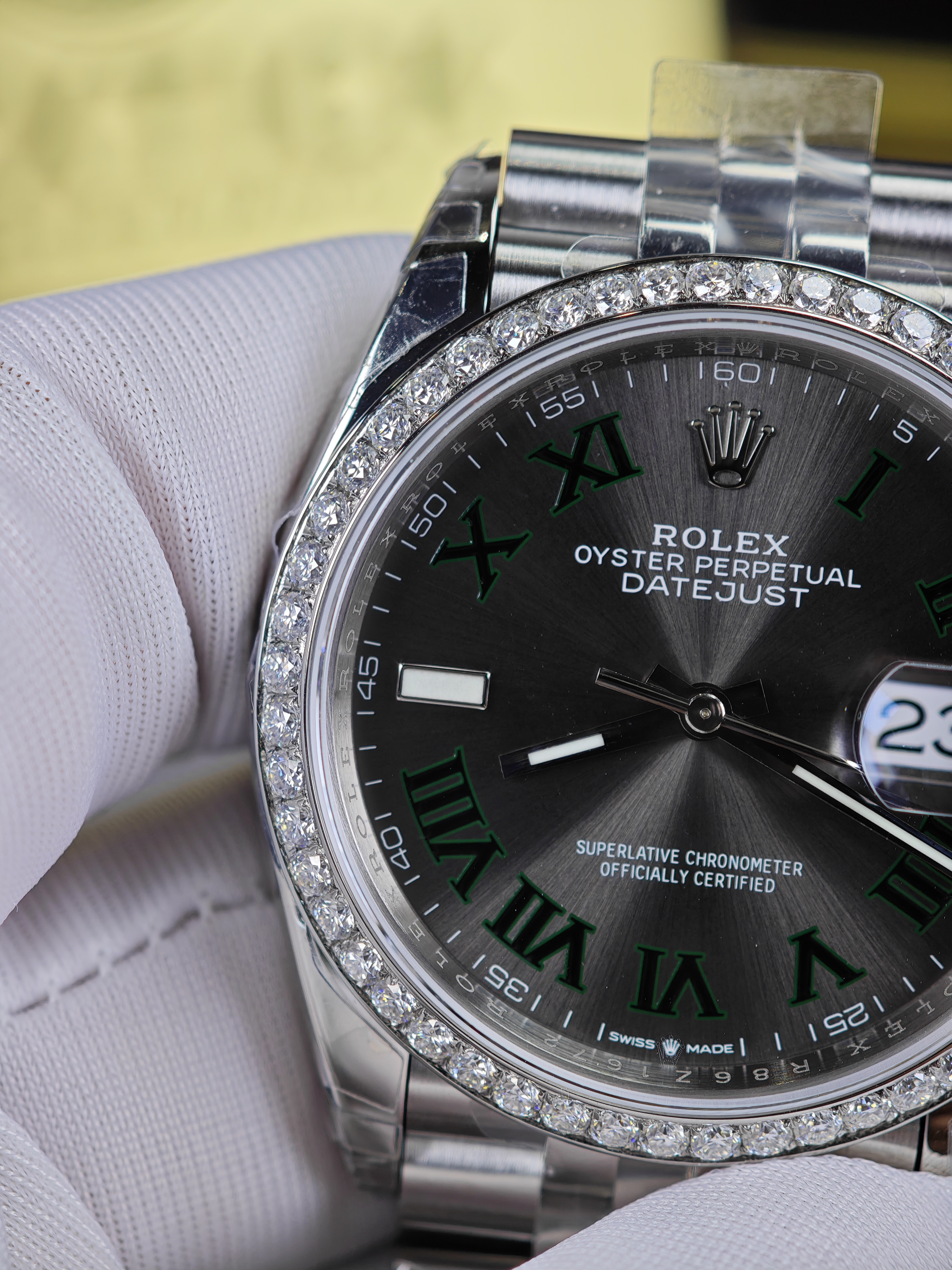 Super Clone Rolex 1:1 Datejust 36mm Green Roman Dial Diamond Bezel Jubilee Bracelet 3235 Movement Watch