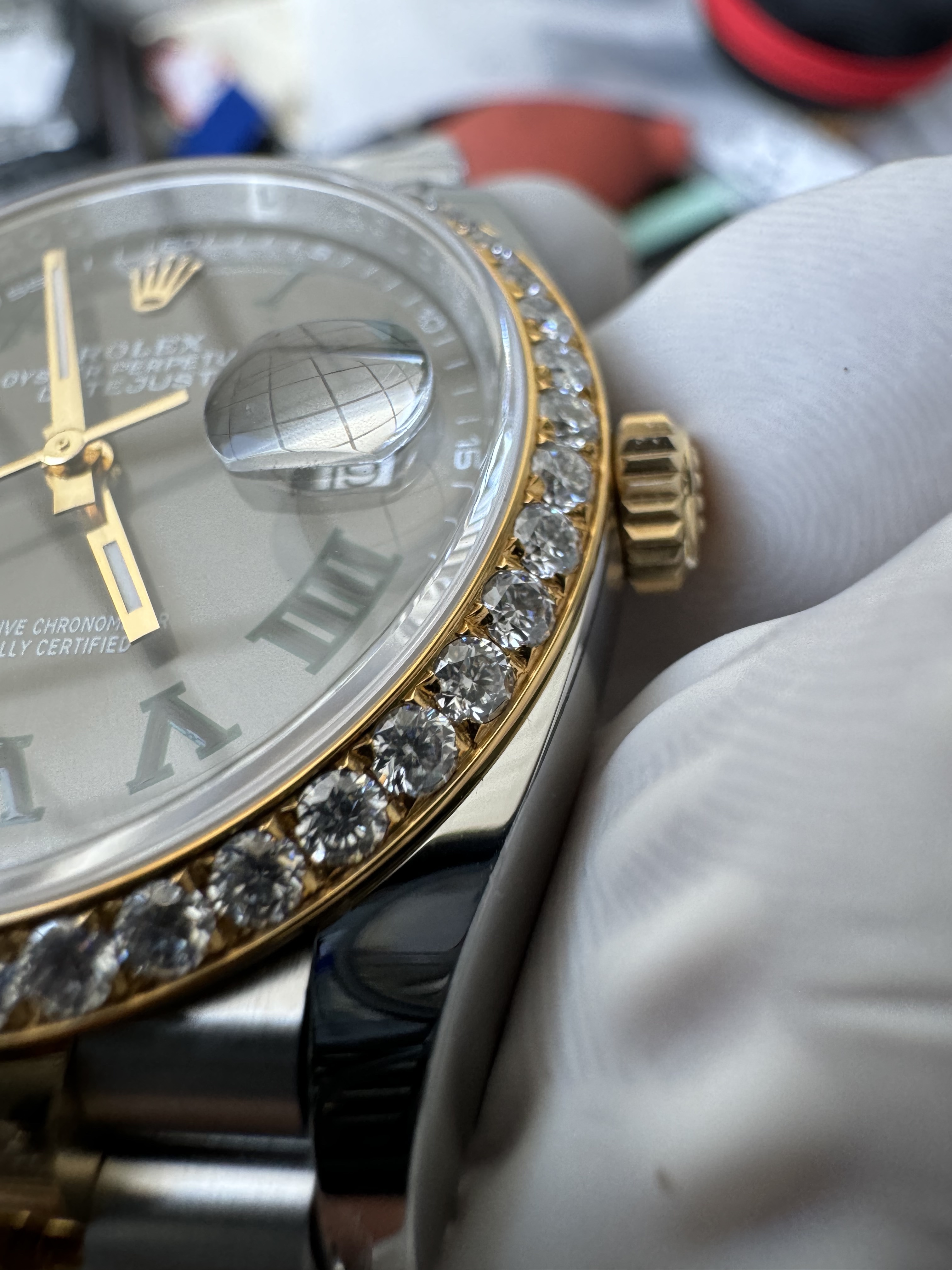 Super Clone 1:1 Rolex Datejust 36mm Olive Green Roman Dial Diamond Bezel – Ref. m126233 | 3235 Movement | Two-Tone Jubilee Bracelet