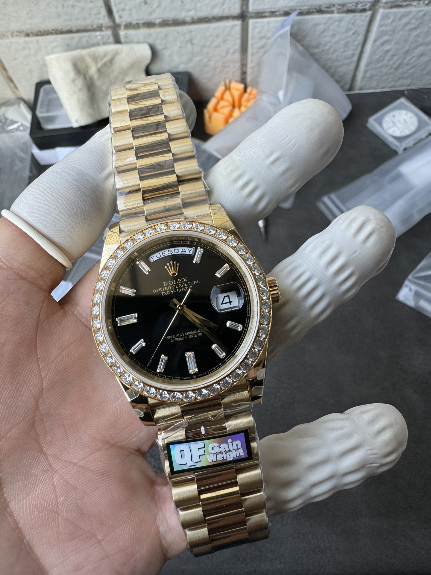 Super Clone Rolex 1:1 Day-Date 228348RBR Black Dial Diamond Bezel Watch