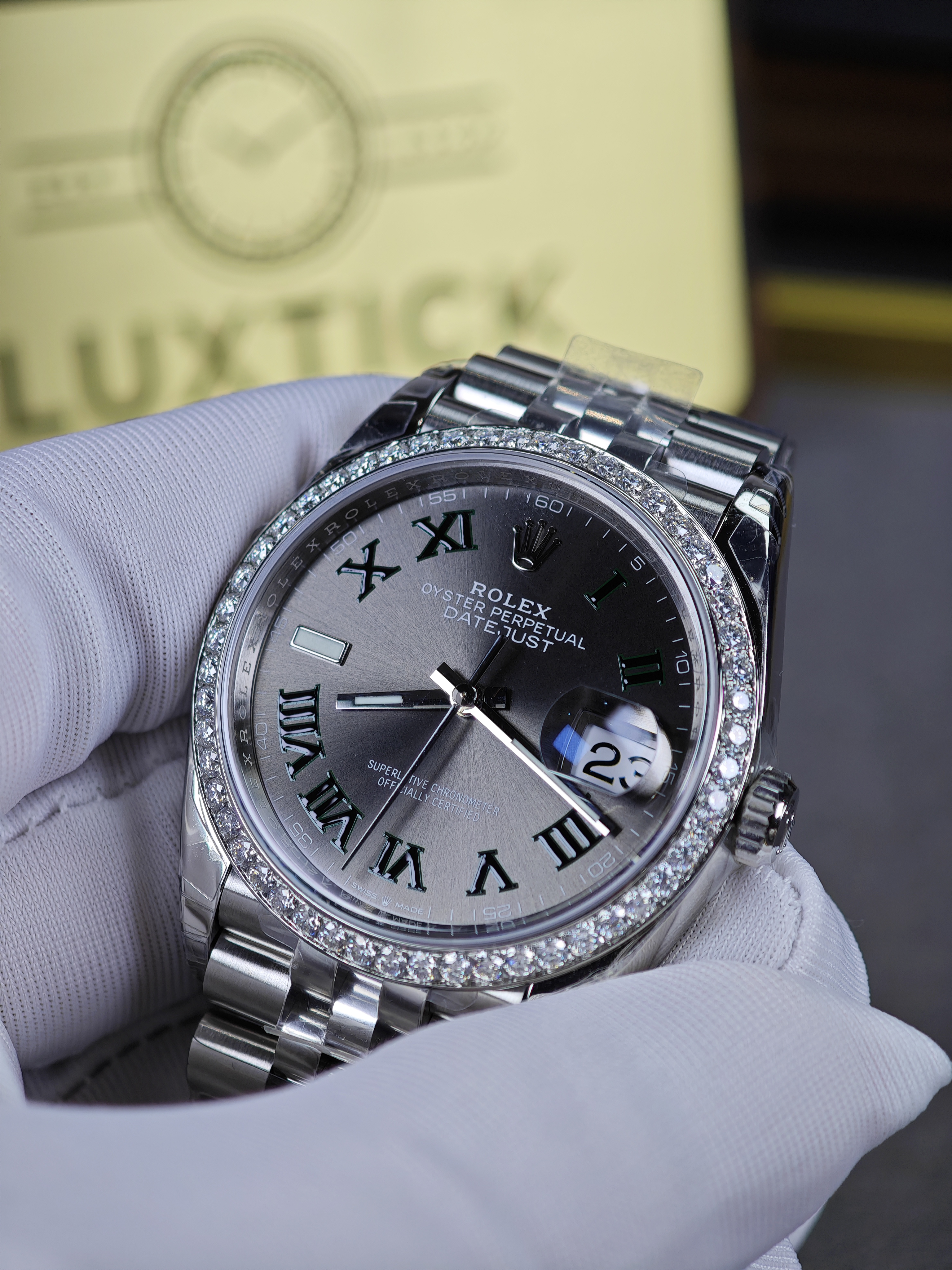 Super Clone Rolex 1:1 Datejust 36mm Green Roman Dial Diamond Bezel Jubilee Bracelet 3235 Movement Watch