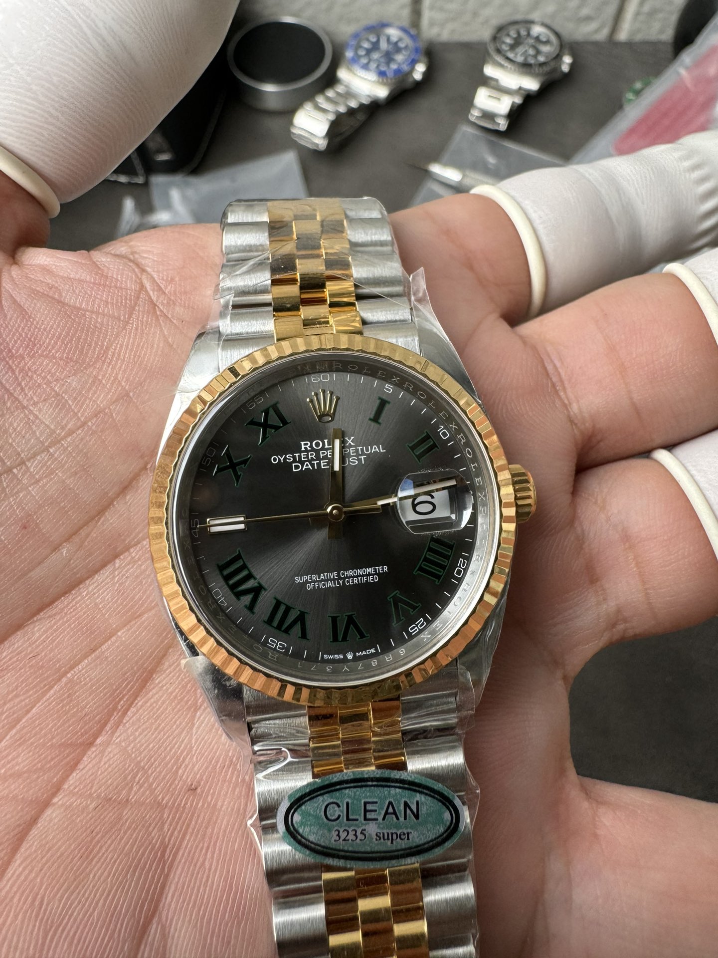 Super Clone Rolex Datejust 36mm 126333 Grey Dial Green Roman Numerals Two-Tone Jubilee Watches