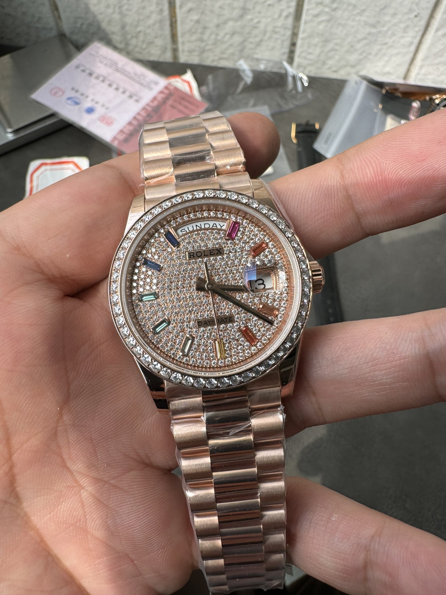 Super Clone Rolex 1:1 Day-Date 36 228345RBR Rainbow Diamond Dial Rose Gold Watch