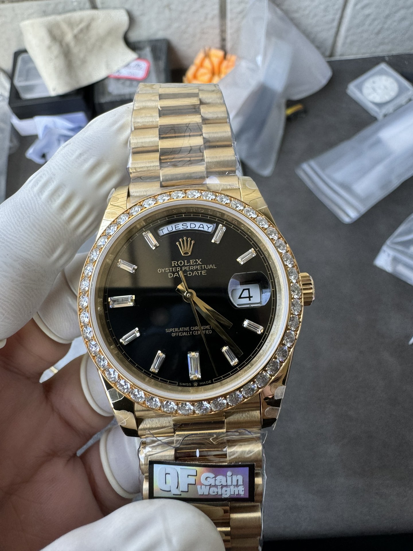 Super Clone Rolex 1:1 Day-Date 228348RBR Black Dial Diamond Bezel Watch