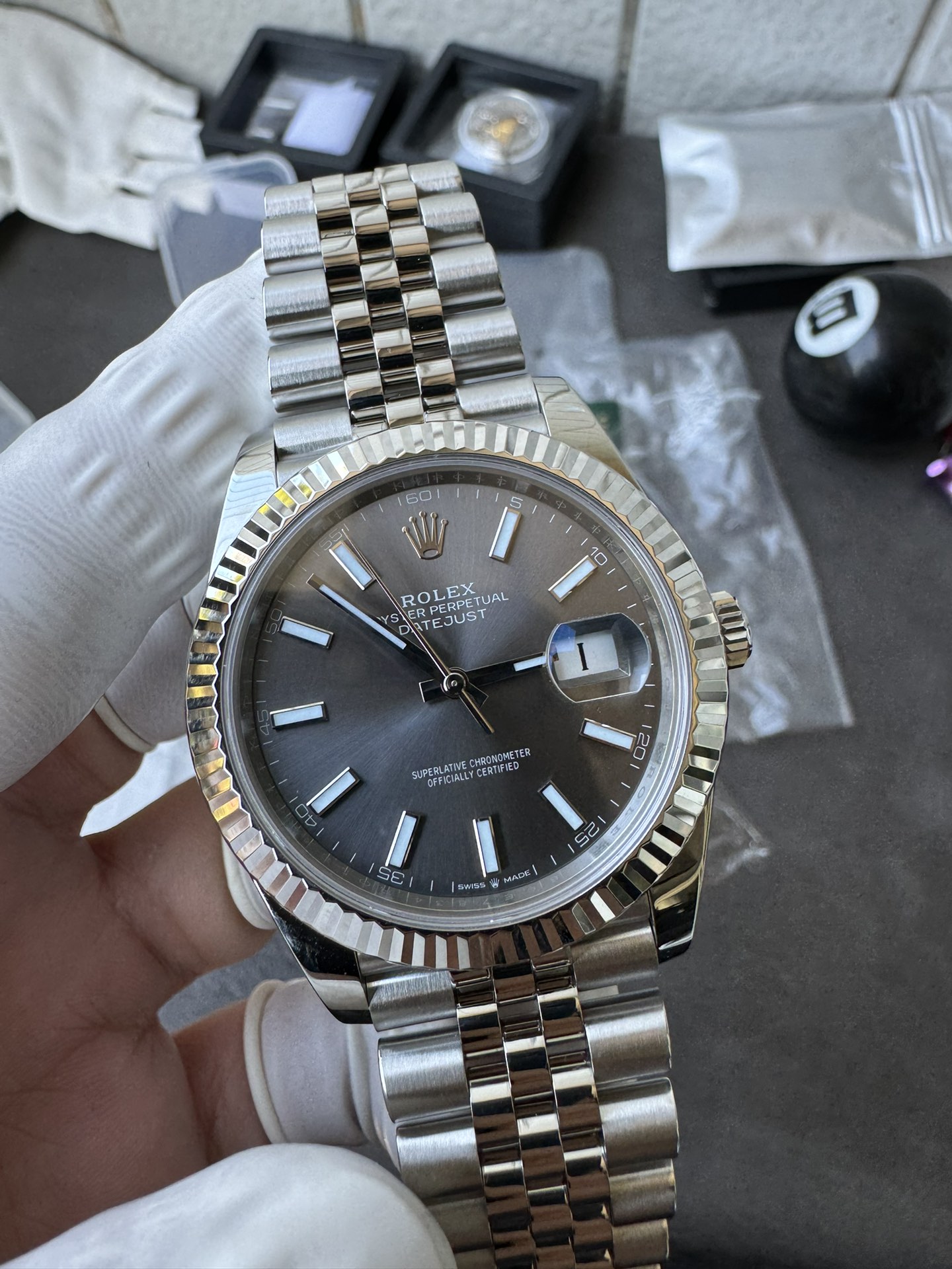 Super Clone 1:1 Rolex Datejust 41mm m126334 | Slate Grey Sunburst Dial | Fluted Bezel | Jubilee Bracelet | 3235 Movement