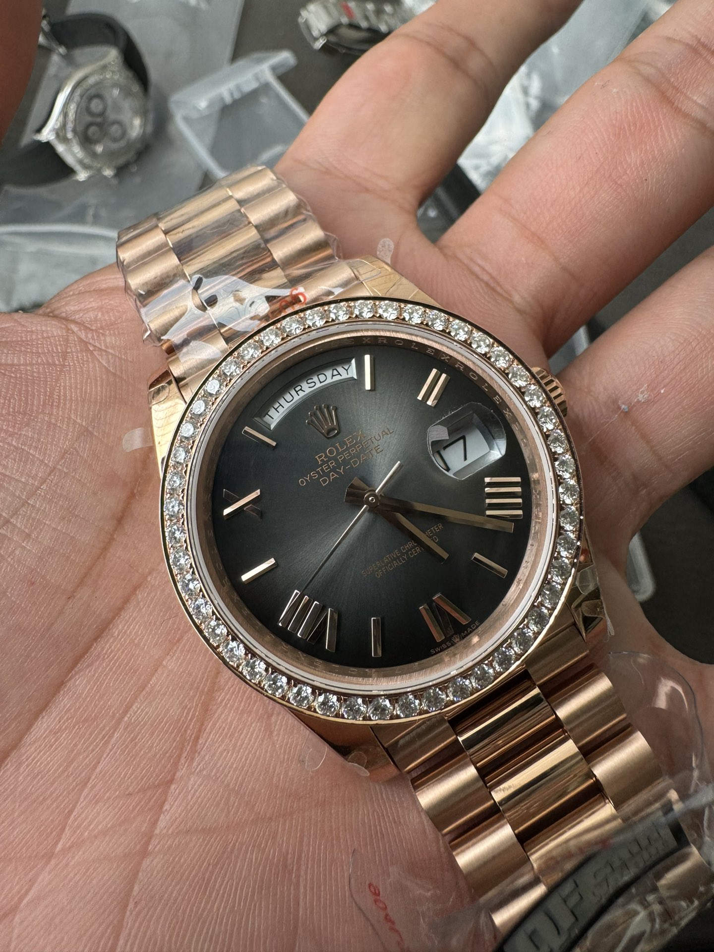 Super Clone Rolex 1:1 Day-Date 40 228345RBR Black Dial Diamond Bezel Roman Markers Watch