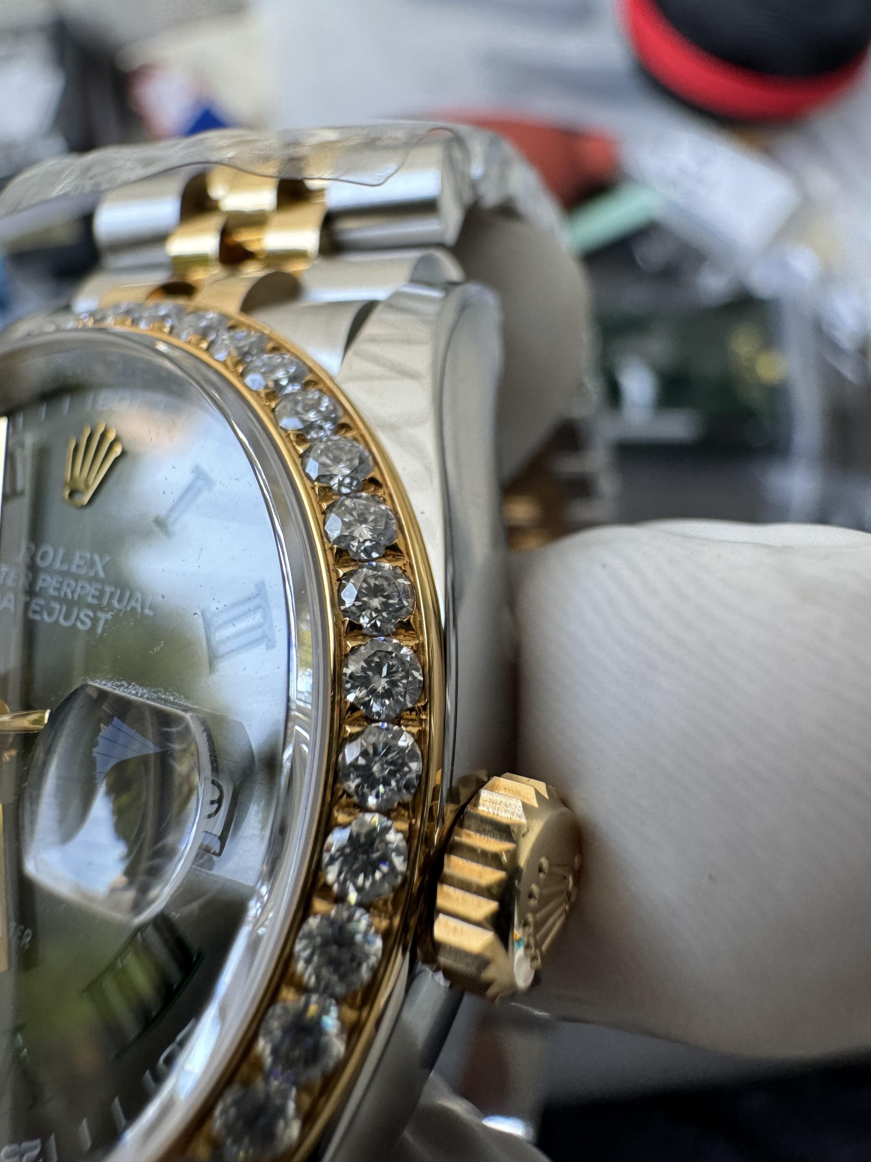 Super Clone 1:1 Rolex Datejust 36mm Olive Green Roman Dial Diamond Bezel – Ref. m126233 | 3235 Movement | Two-Tone Jubilee Bracelet