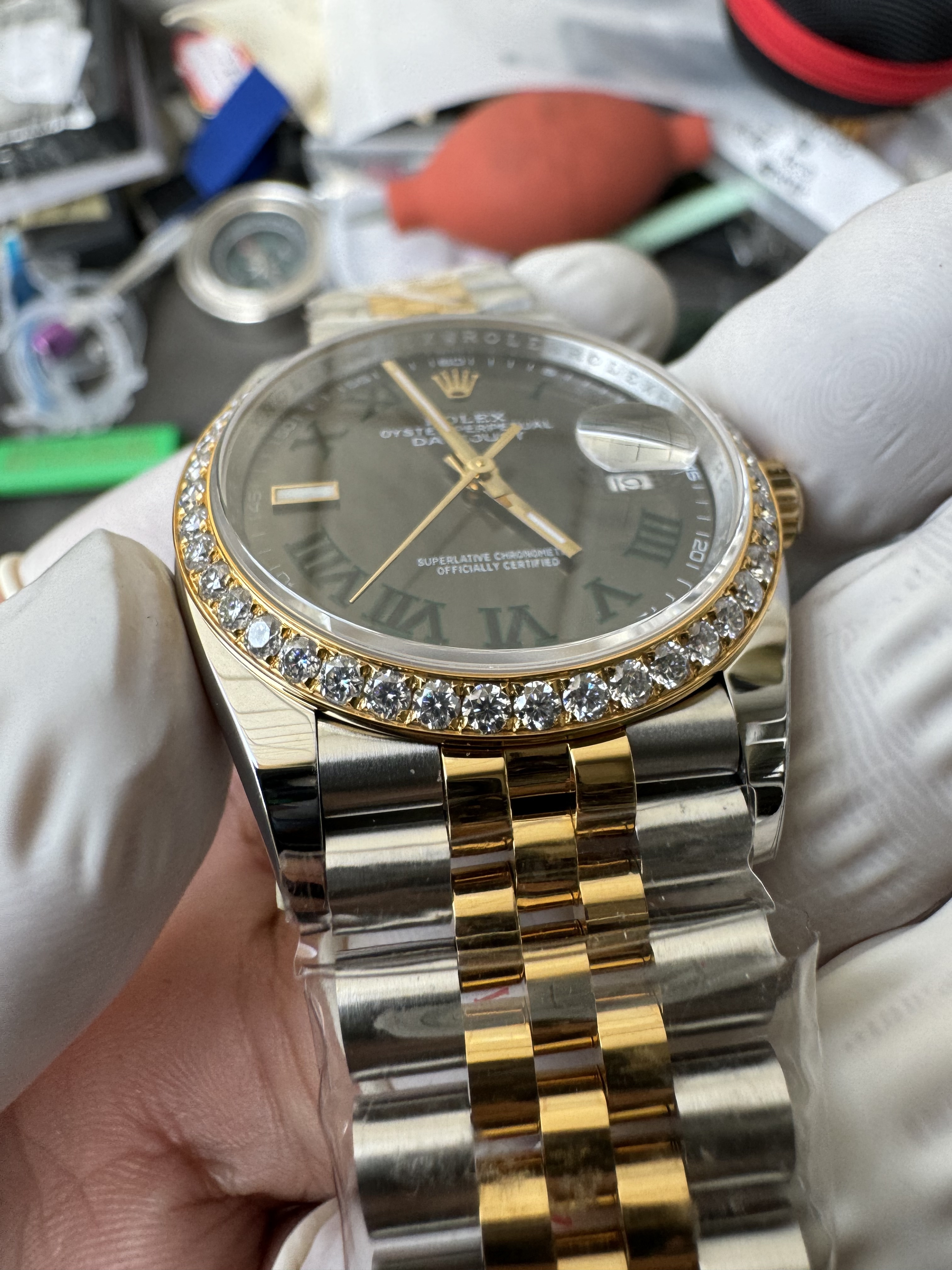 Super Clone 1:1 Rolex Datejust 36mm Olive Green Roman Dial Diamond Bezel – Ref. m126233 | 3235 Movement | Two-Tone Jubilee Bracelet