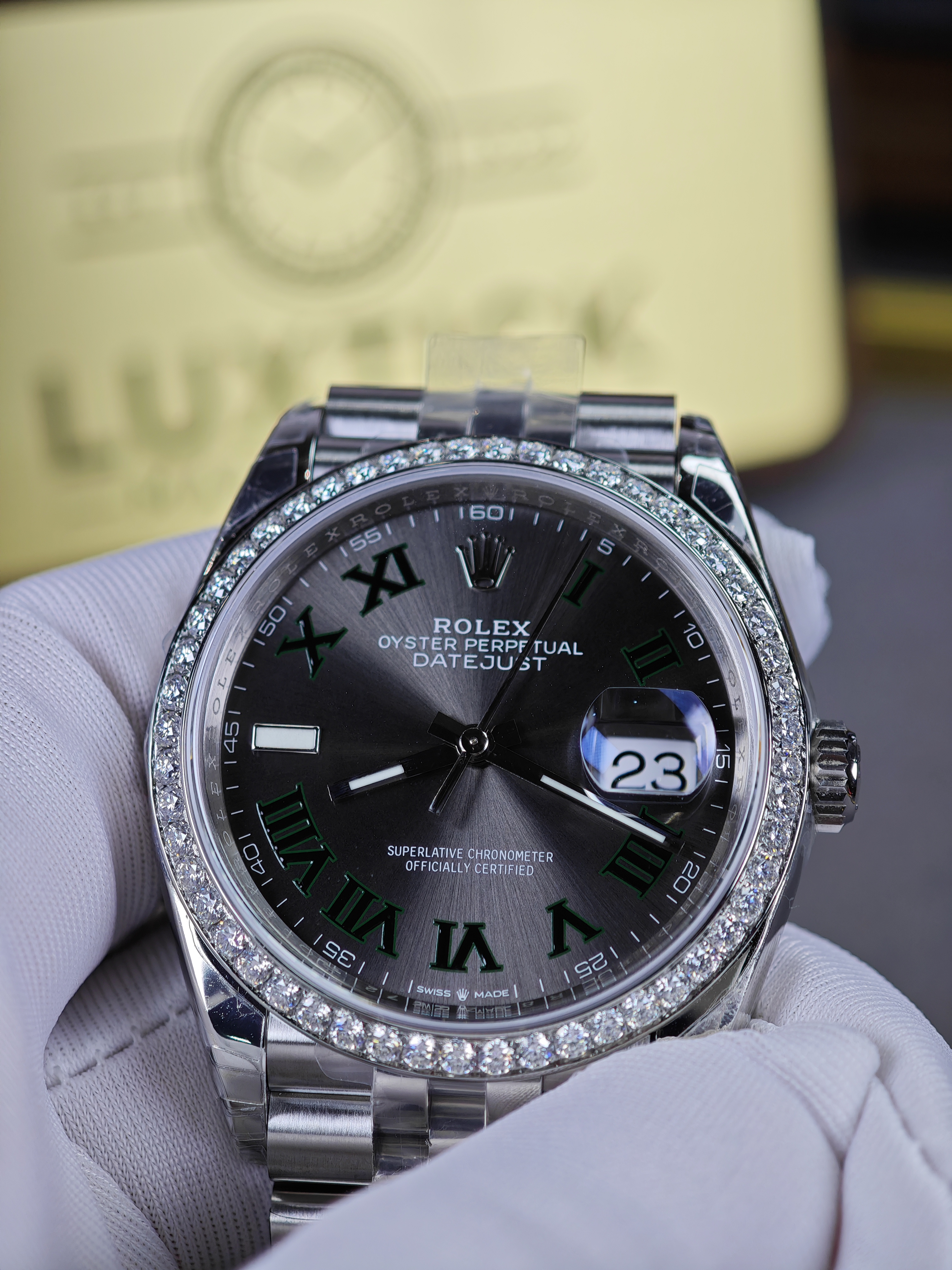 Super Clone Rolex 1:1 Datejust 36mm Green Roman Dial Diamond Bezel Jubilee Bracelet 3235 Movement Watch