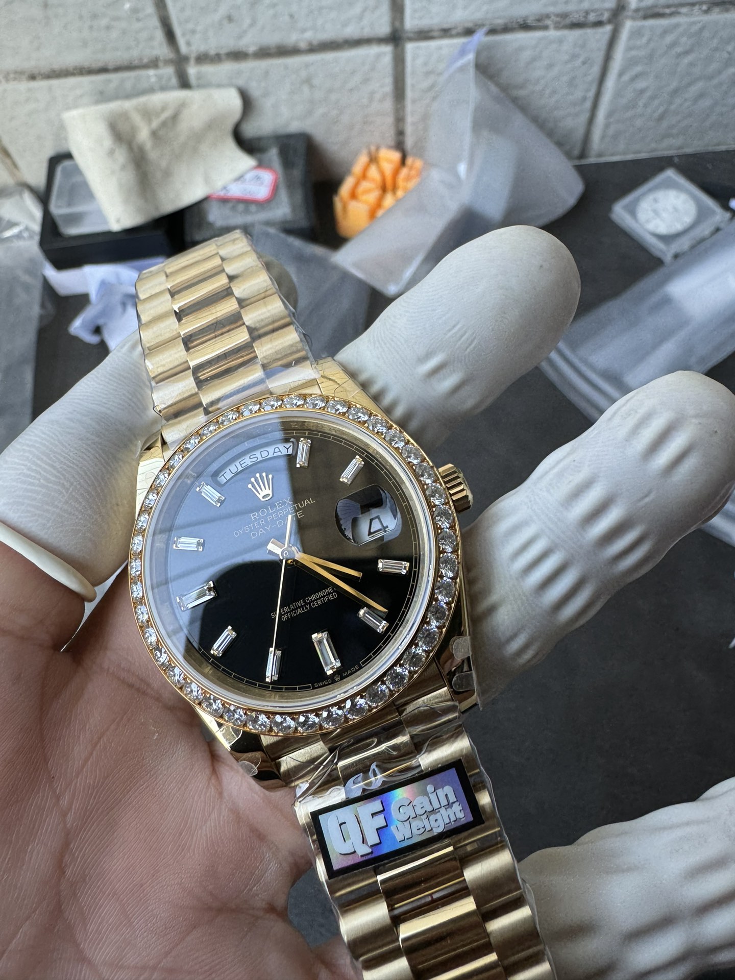 Super Clone Rolex 1:1 Day-Date 228348RBR Black Dial Diamond Bezel Watch