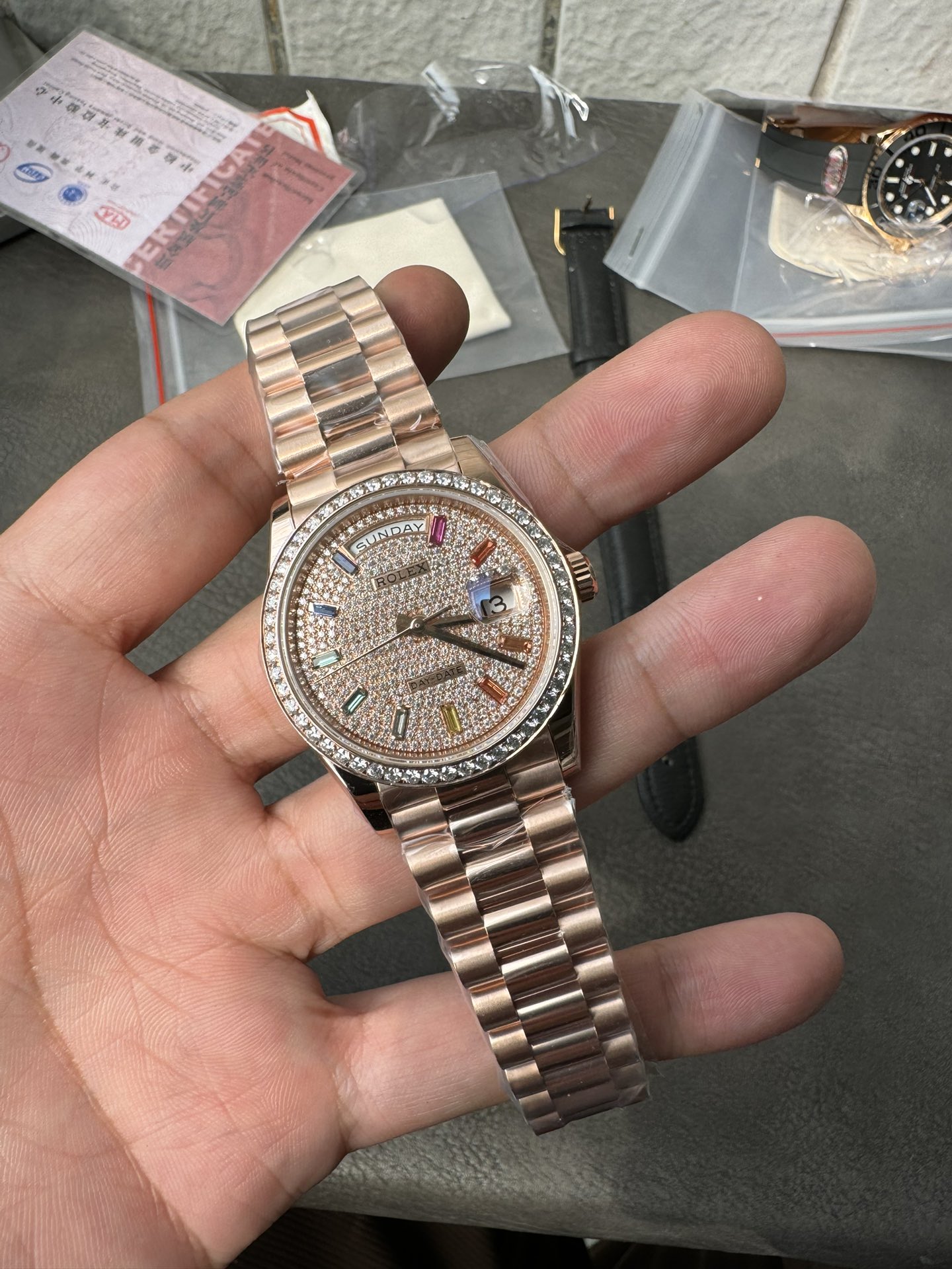 Super Clone Rolex 1:1 Day-Date 36 228345RBR Rainbow Diamond Dial Rose Gold Watch