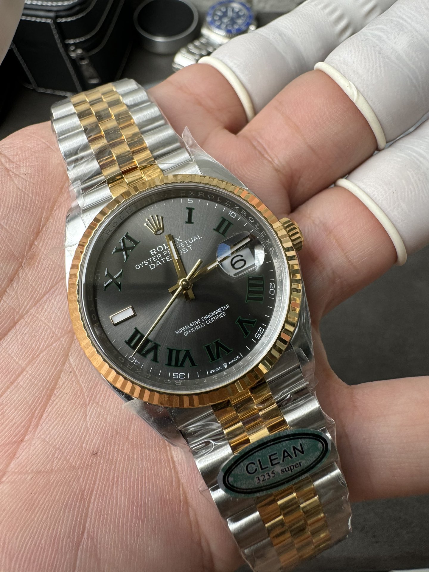 Super Clone Rolex Datejust 36mm 126333 Grey Dial Green Roman Numerals Two-Tone Jubilee Watches