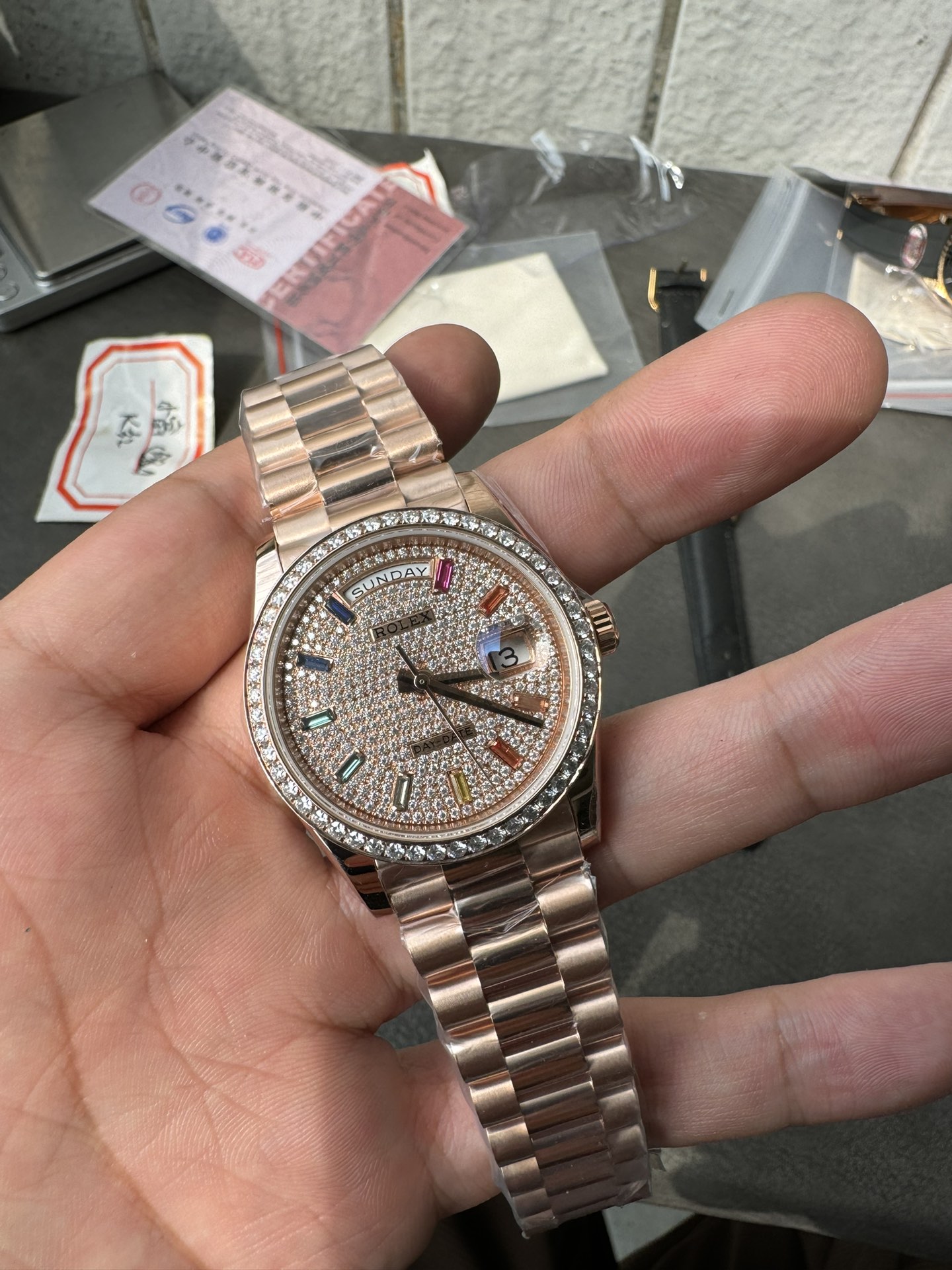 Super Clone Rolex 1:1 Day-Date 36 228345RBR Rainbow Diamond Dial Rose Gold Watch