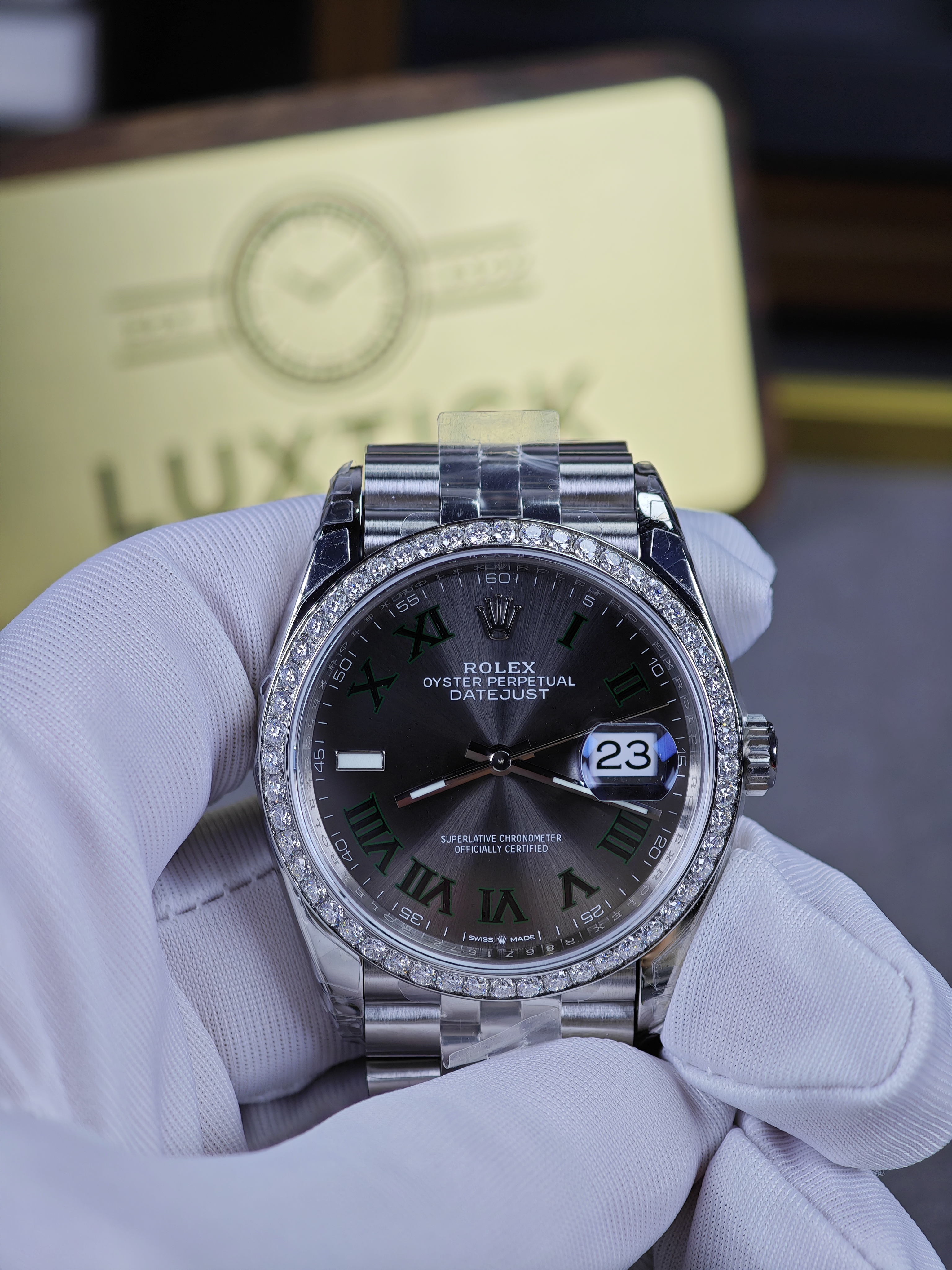 Super Clone Rolex 1:1 Datejust 36mm Green Roman Dial Diamond Bezel Jubilee Bracelet 3235 Movement Watch