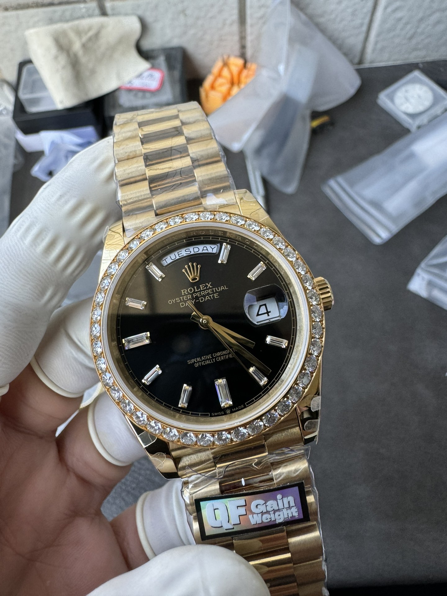 Super Clone Rolex 1:1 Day-Date 228348RBR Black Dial Diamond Bezel Watch