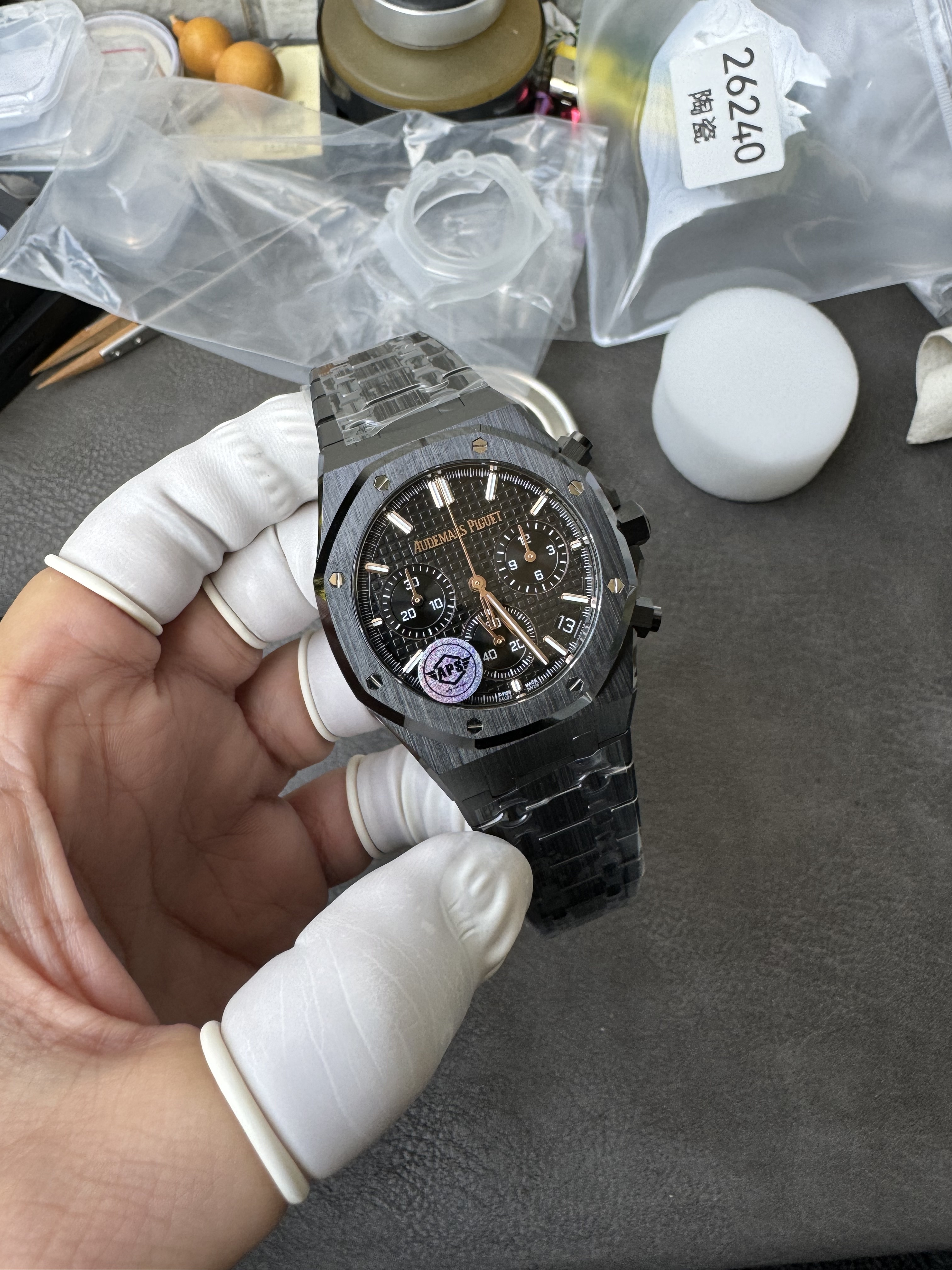 Super Clone Audemars Piguet 1:1 Royal Oak Chronograph 26240 Watches – 41mm Full Black Ceramic with Black “Grande Tapisserie” Dial