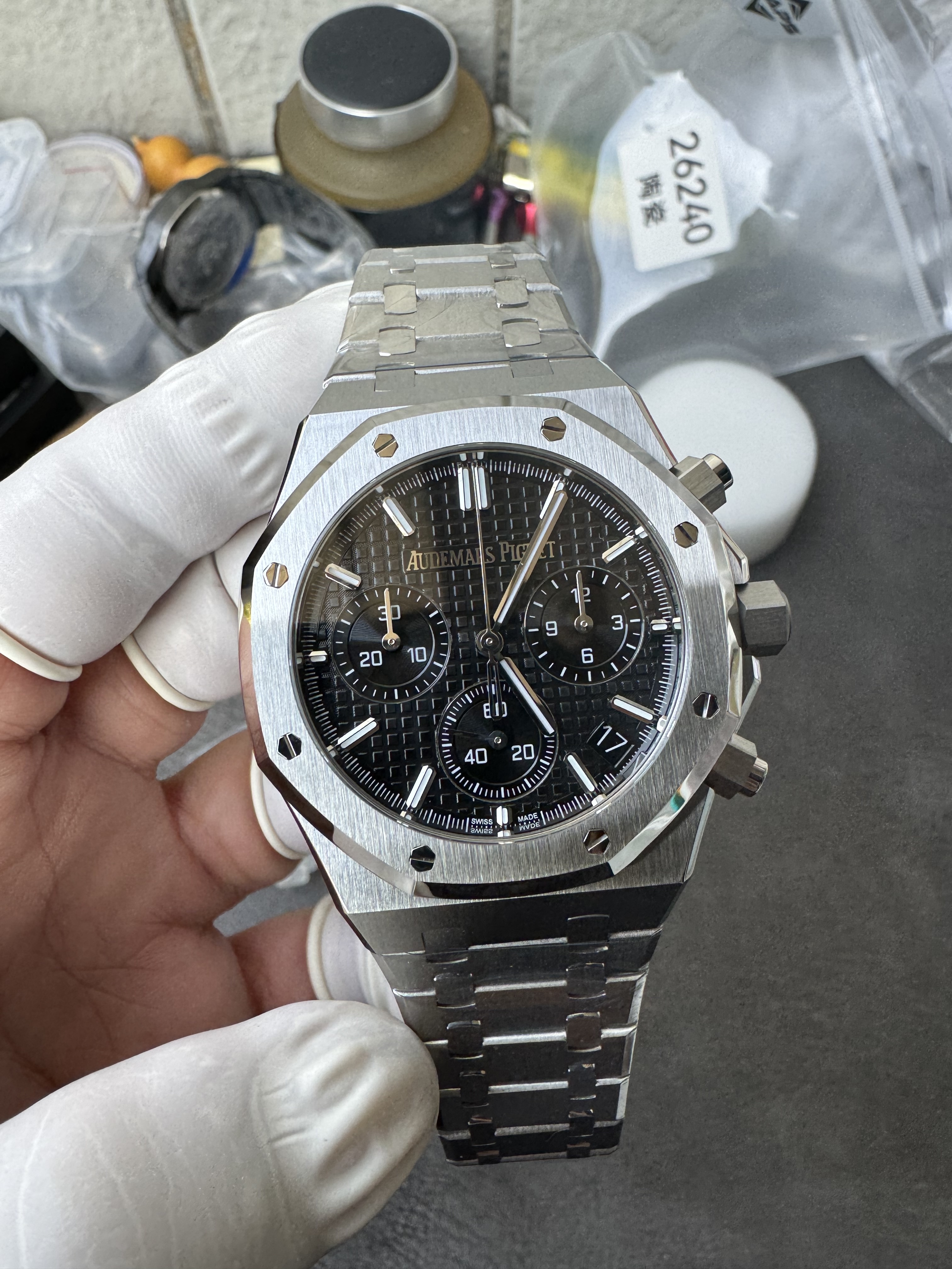 Super Clone Audemars Piguet 1:1 Royal Oak Chronograph 26240ST Watches – 41mm Steel with Black “Grande Tapisserie” Dial