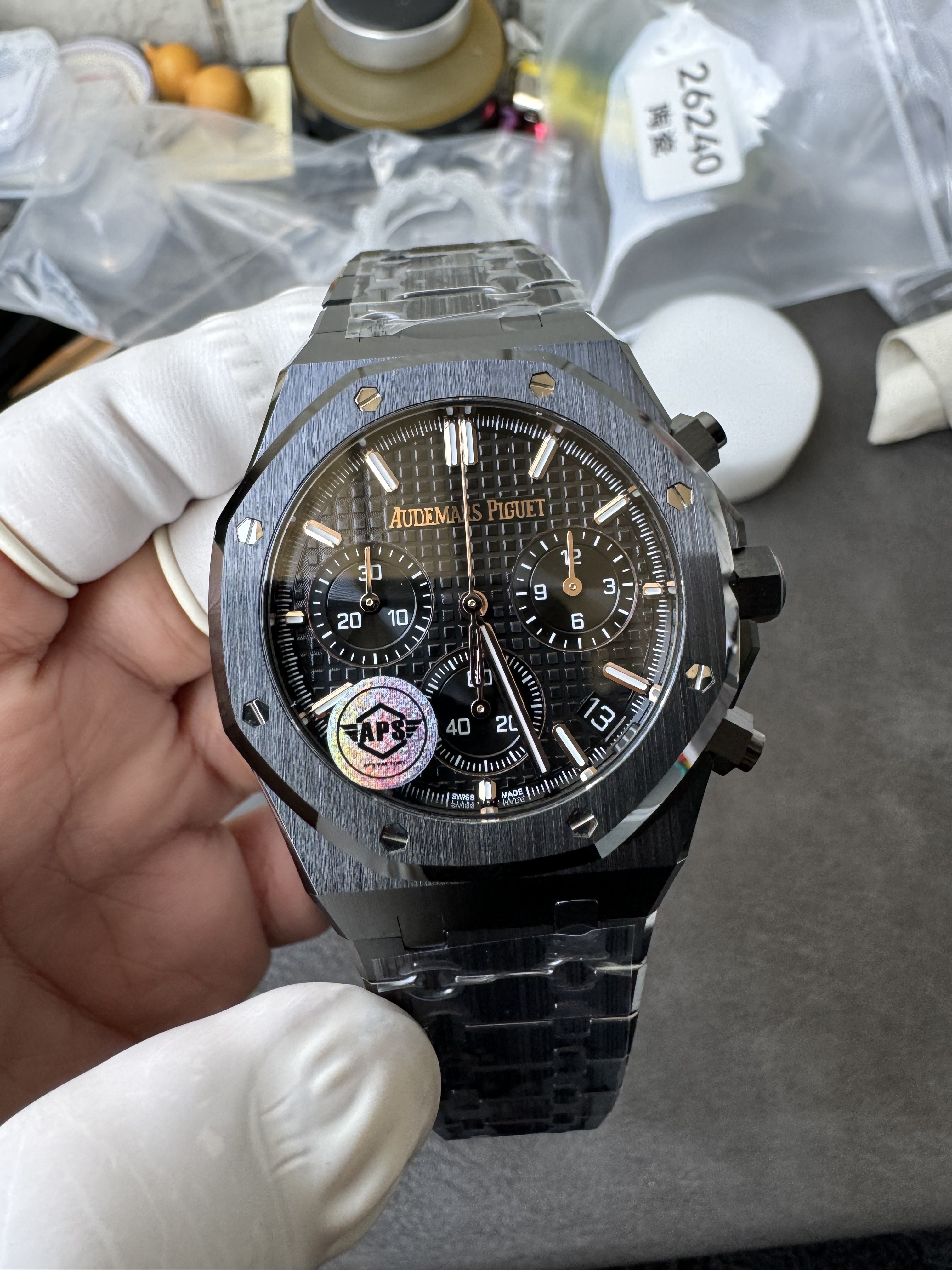 Super Clone Audemars Piguet 1:1 Royal Oak Chronograph 26240 Watches – 41mm Full Black Ceramic with Black “Grande Tapisserie” Dial