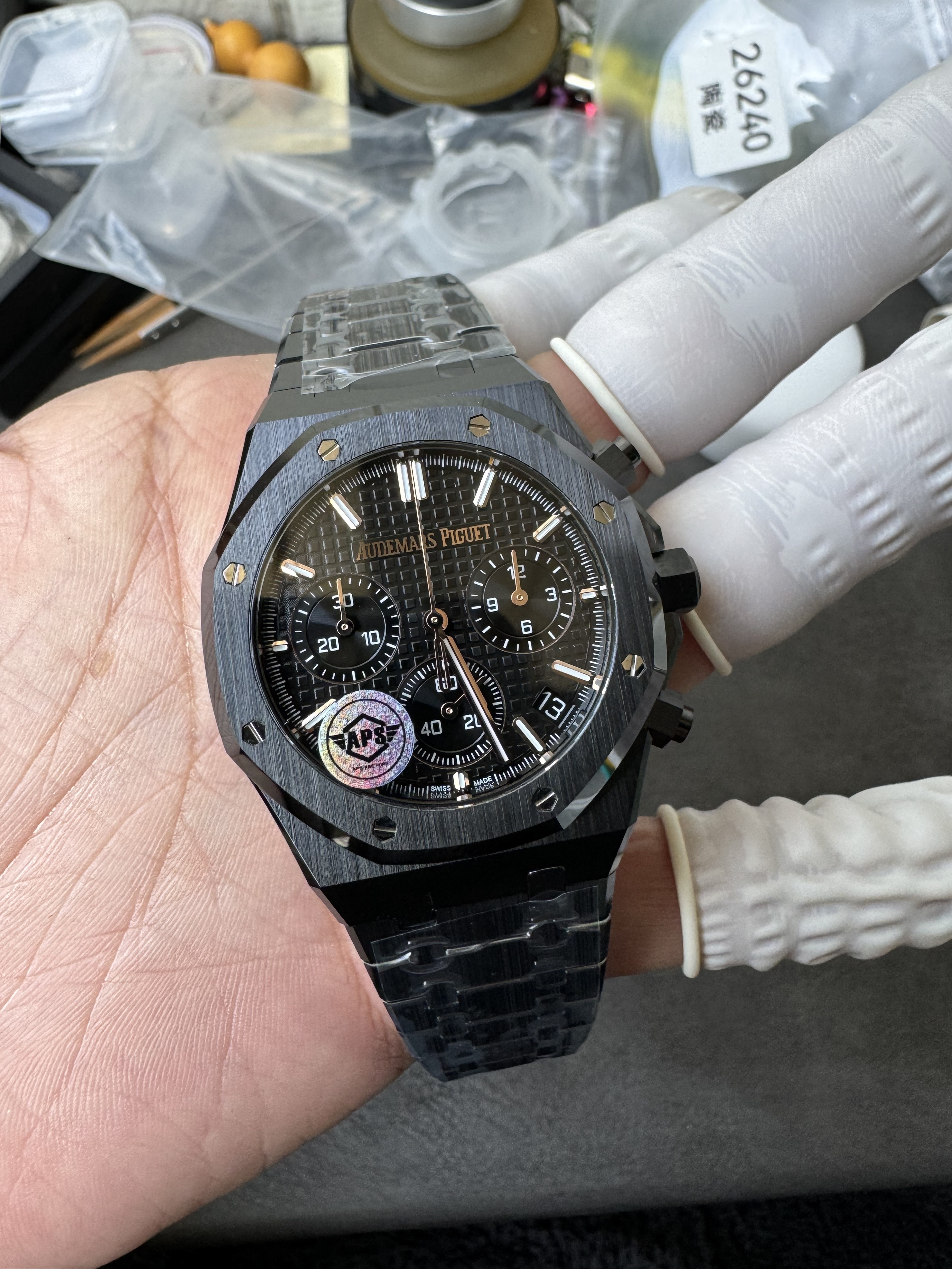 Super Clone Audemars Piguet 1:1 Royal Oak Chronograph 26240 Watches – 41mm Full Black Ceramic with Black “Grande Tapisserie” Dial