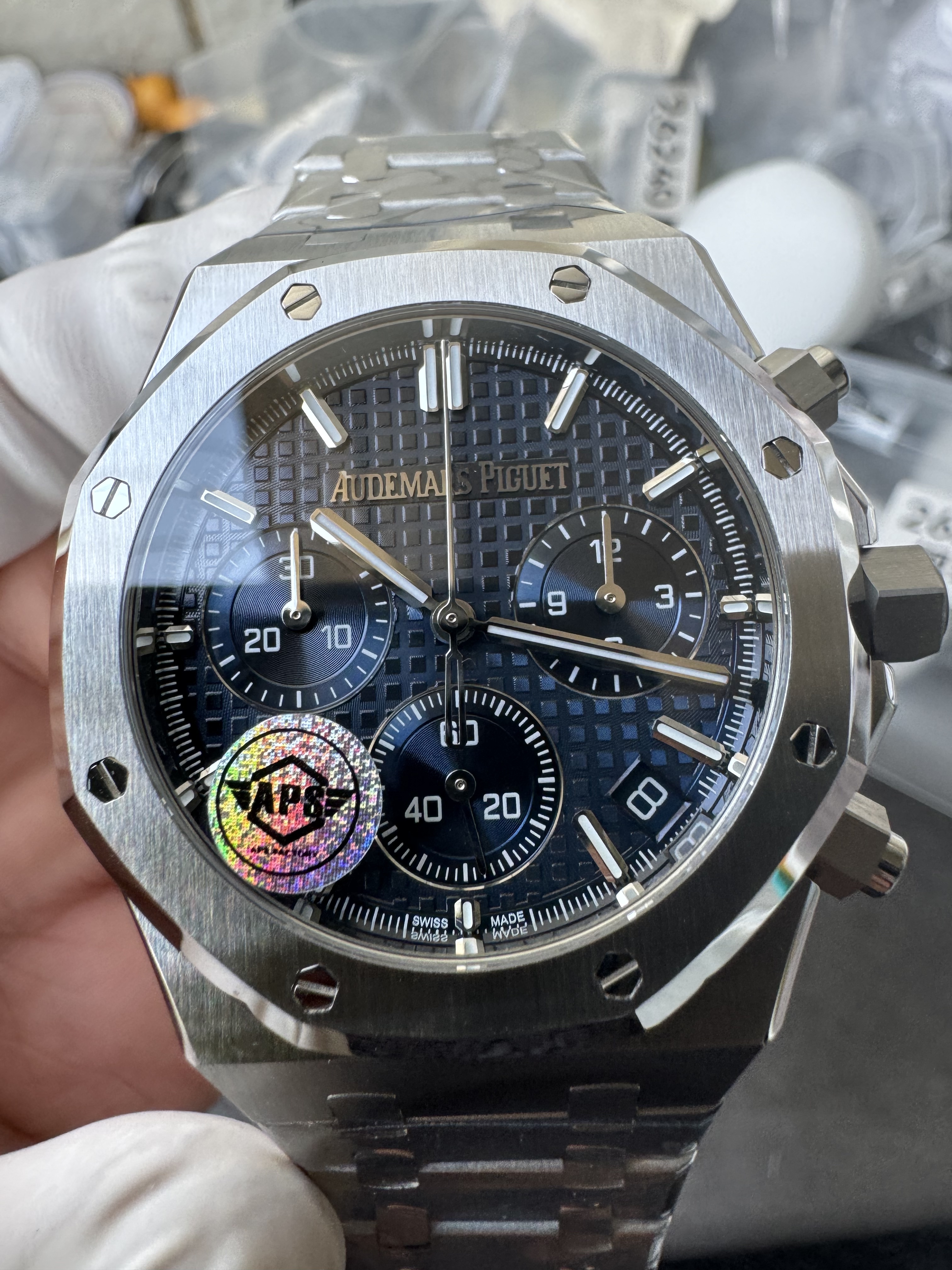 Super Clone Audemars Piguet 1:1 Royal Oak Chronograph 26240ST Watches – 41mm Steel with Blue “Grande Tapisserie” Dial