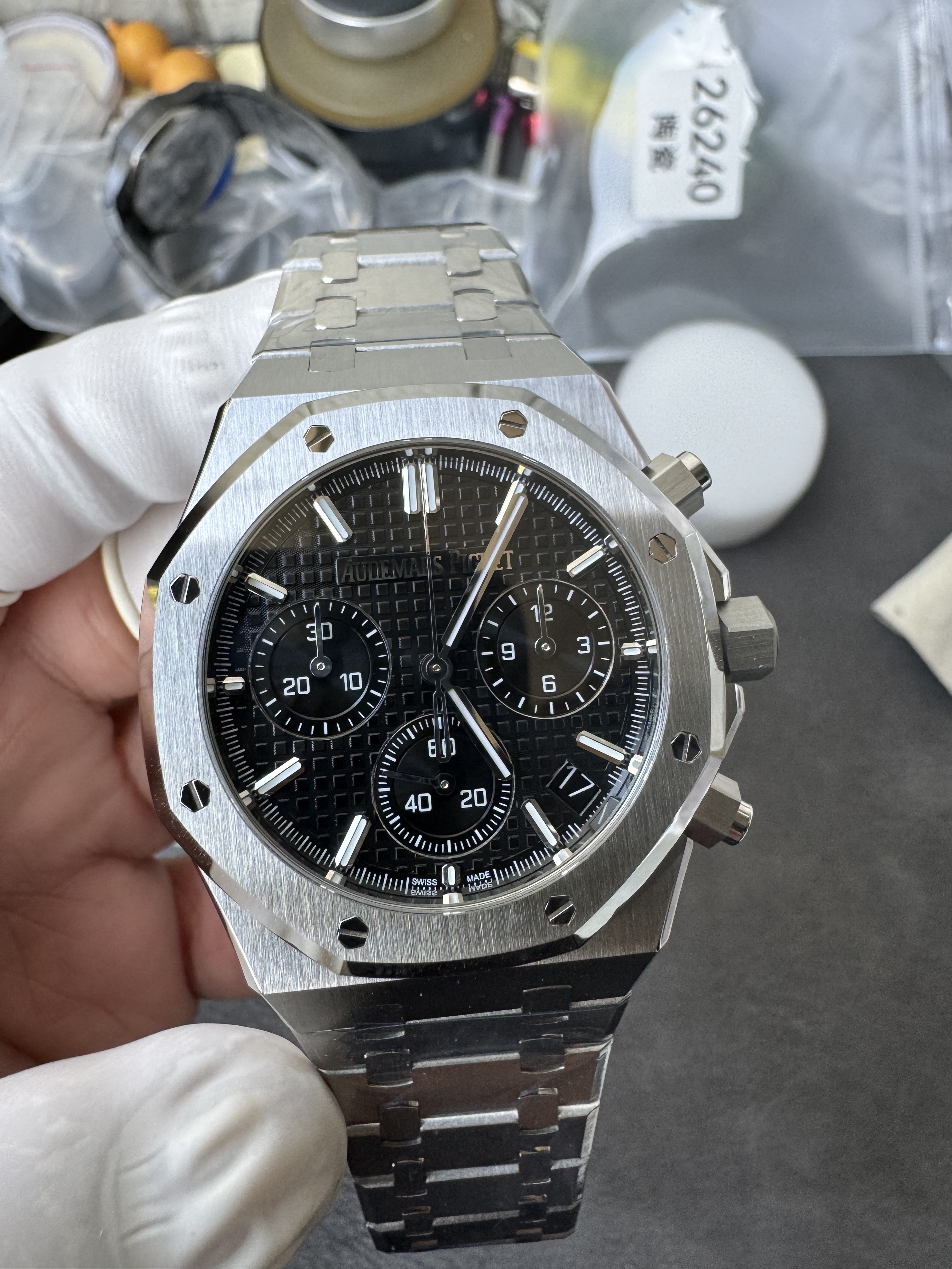 Super Clone Audemars Piguet 1:1 Royal Oak Chronograph 26240ST Watches – 41mm Steel with Black “Grande Tapisserie” Dial