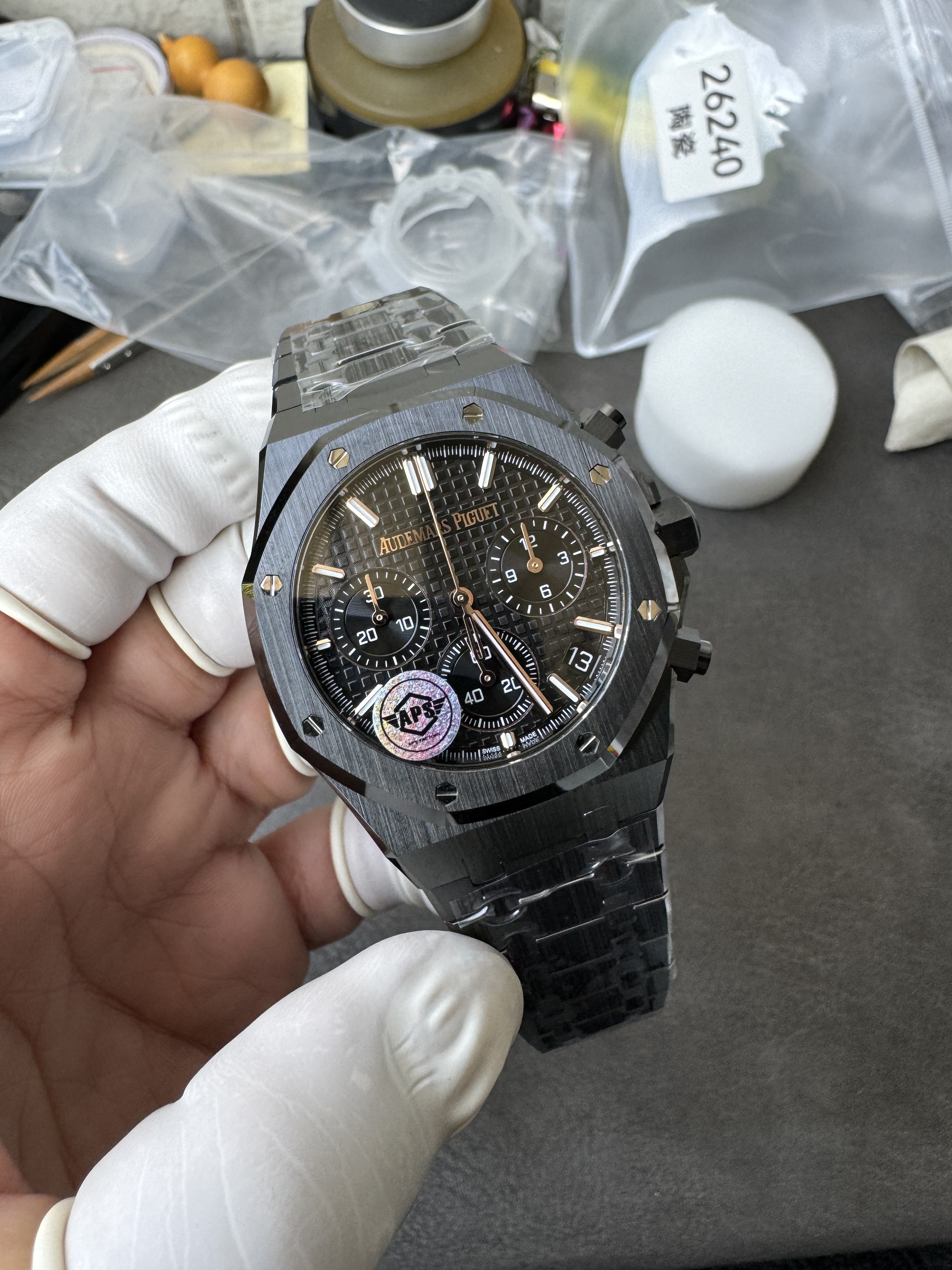 Super Clone Audemars Piguet 1:1 Royal Oak Chronograph 26240 Watches – 41mm Full Black Ceramic with Black “Grande Tapisserie” Dial