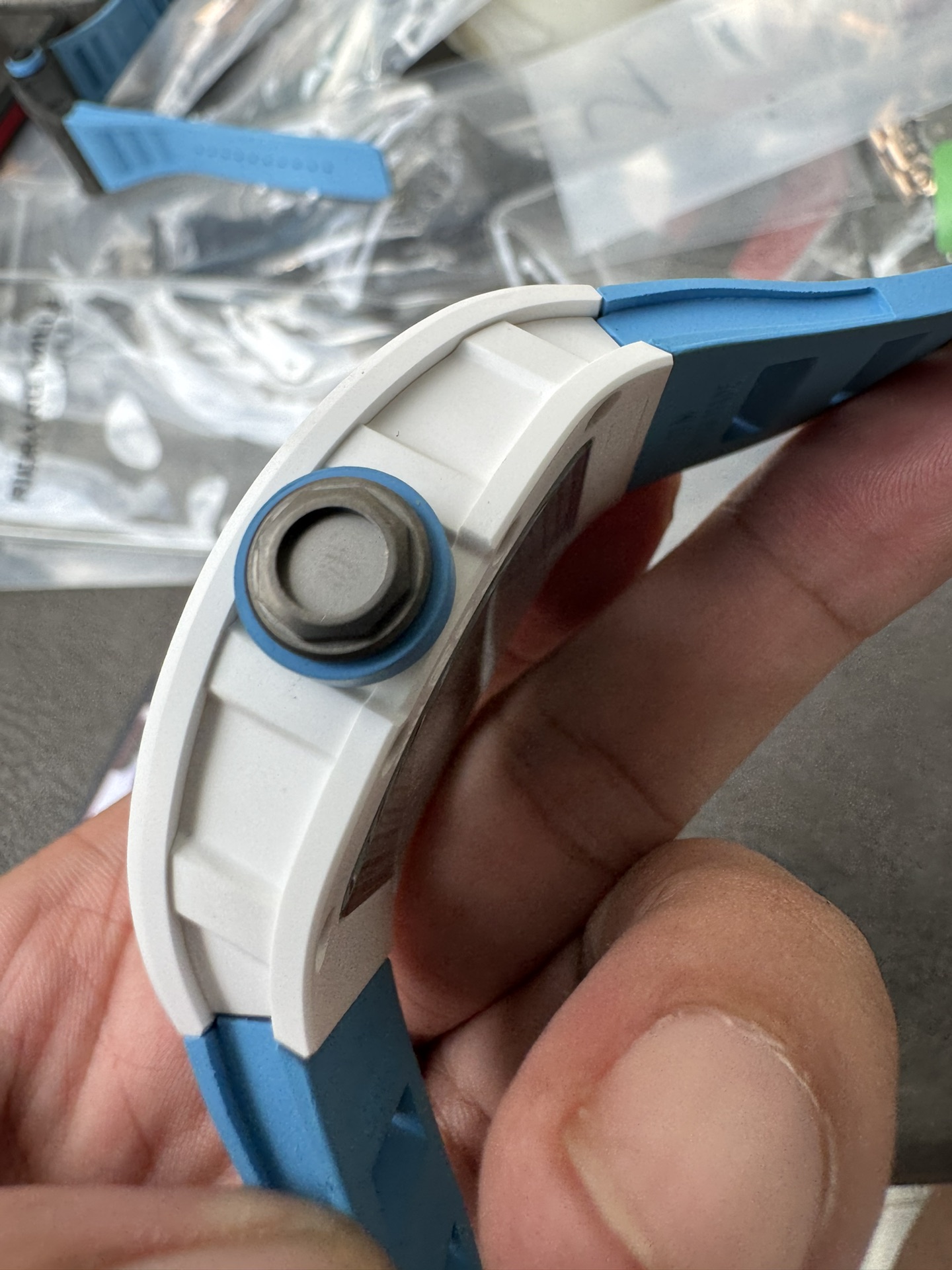 Super Clone 1:1 Richard Mille RM055 White Ceramic Skeleton Watch – Blue Strap Edition