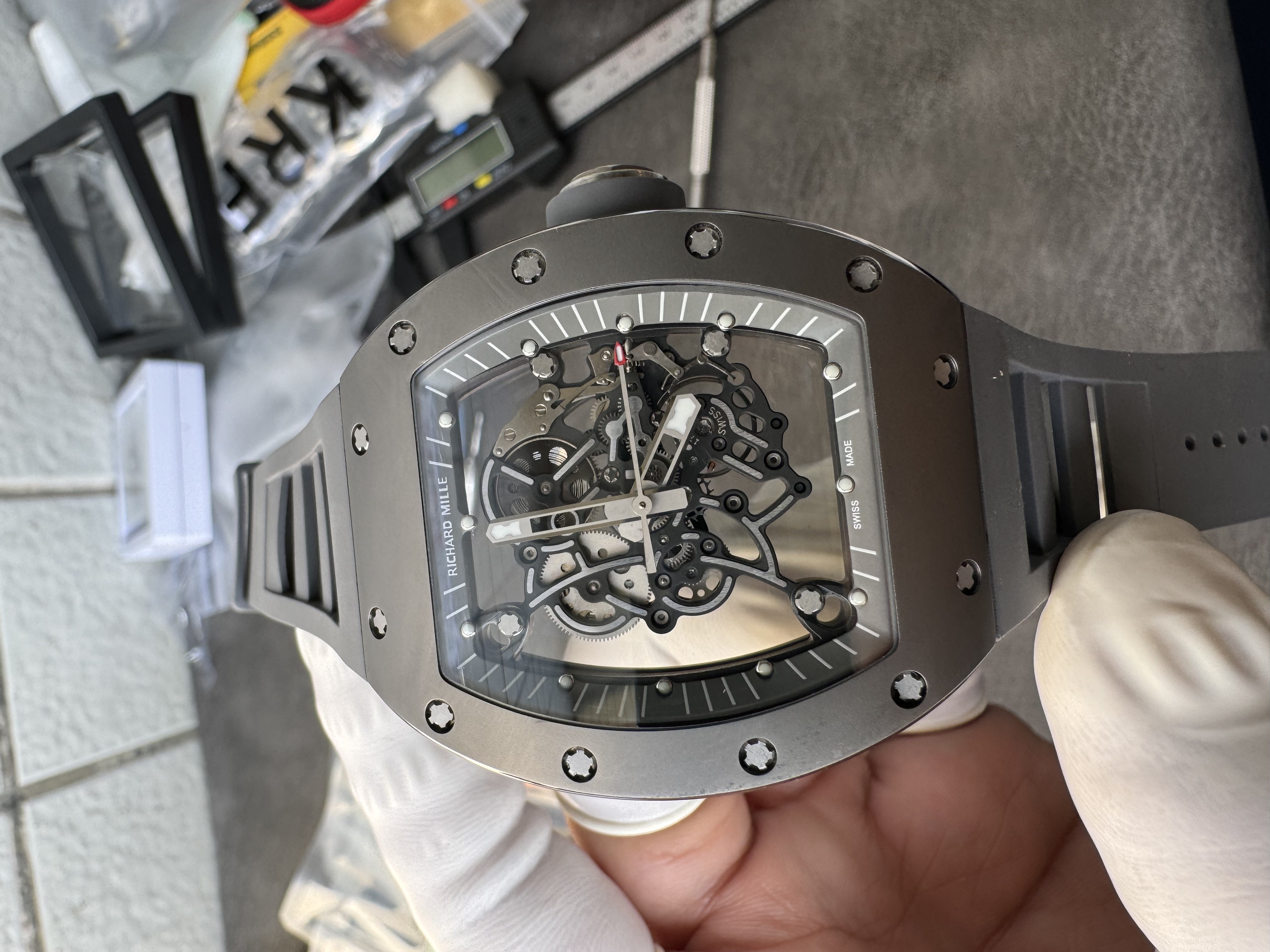 Super Clone Richard Mille 1:1 RM055 Vaucher  – Premium Grey Ceramic & Titanium Case with Skeleton Dial