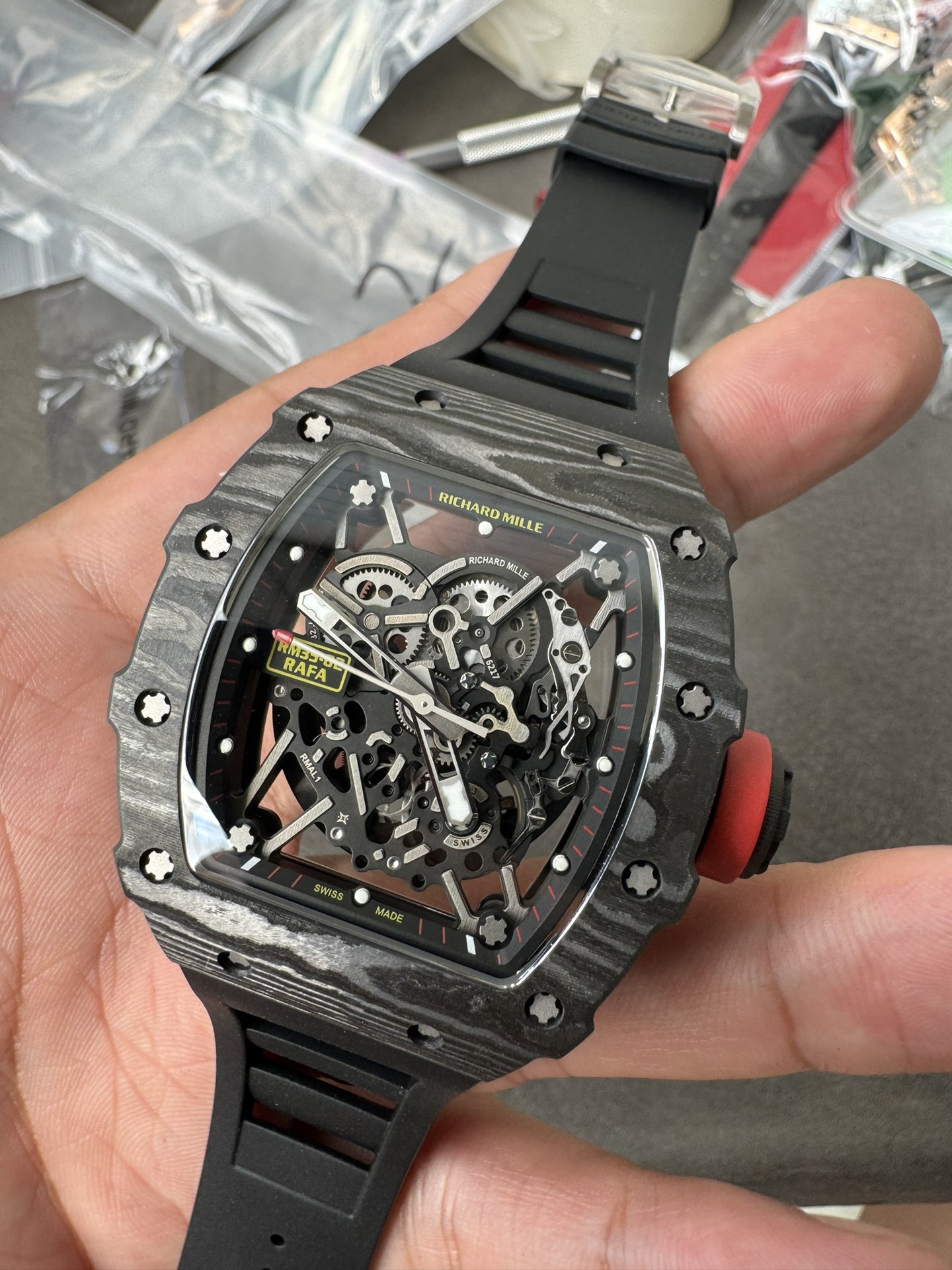 Super Clone 1:1 Richard Mille RM35-02 Rafa Carbon Skeleton Watch – Red Crown Edition