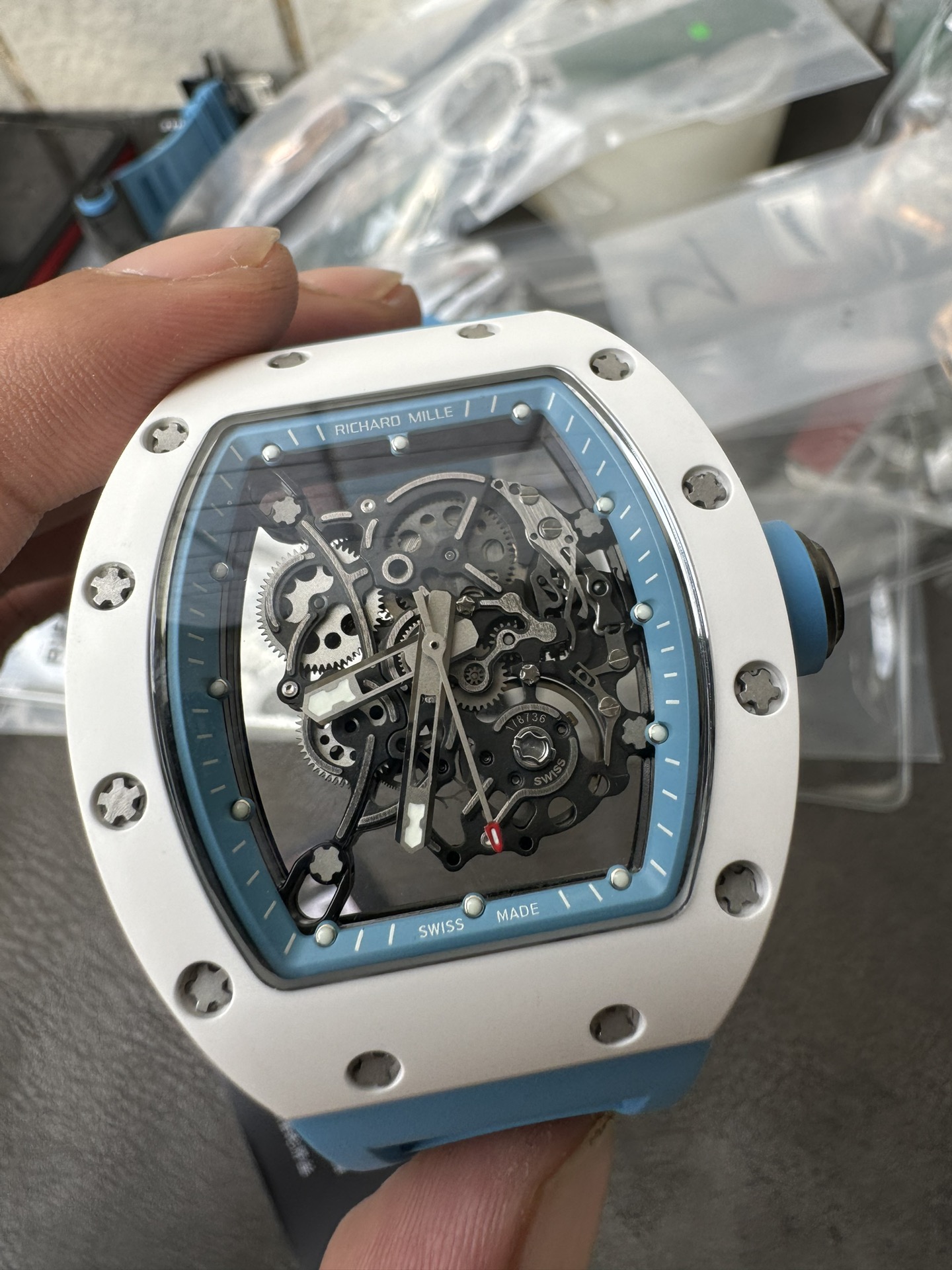 Super Clone 1:1 Richard Mille RM055 White Ceramic Skeleton Watch – Blue Strap Edition