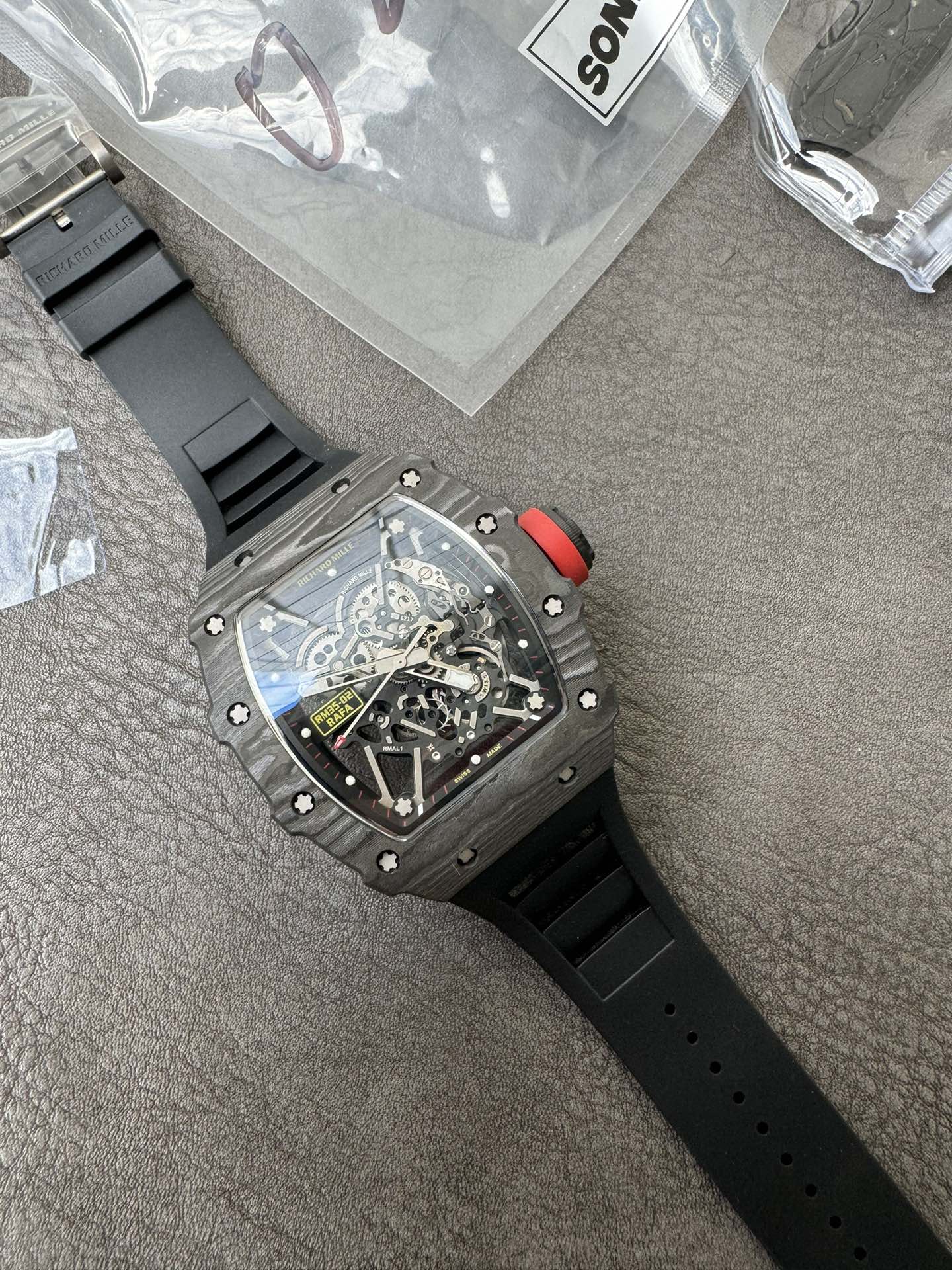 Super Clone 1:1 Richard Mille RM35-02 Rafa Carbon Skeleton Watch – Red Crown Edition