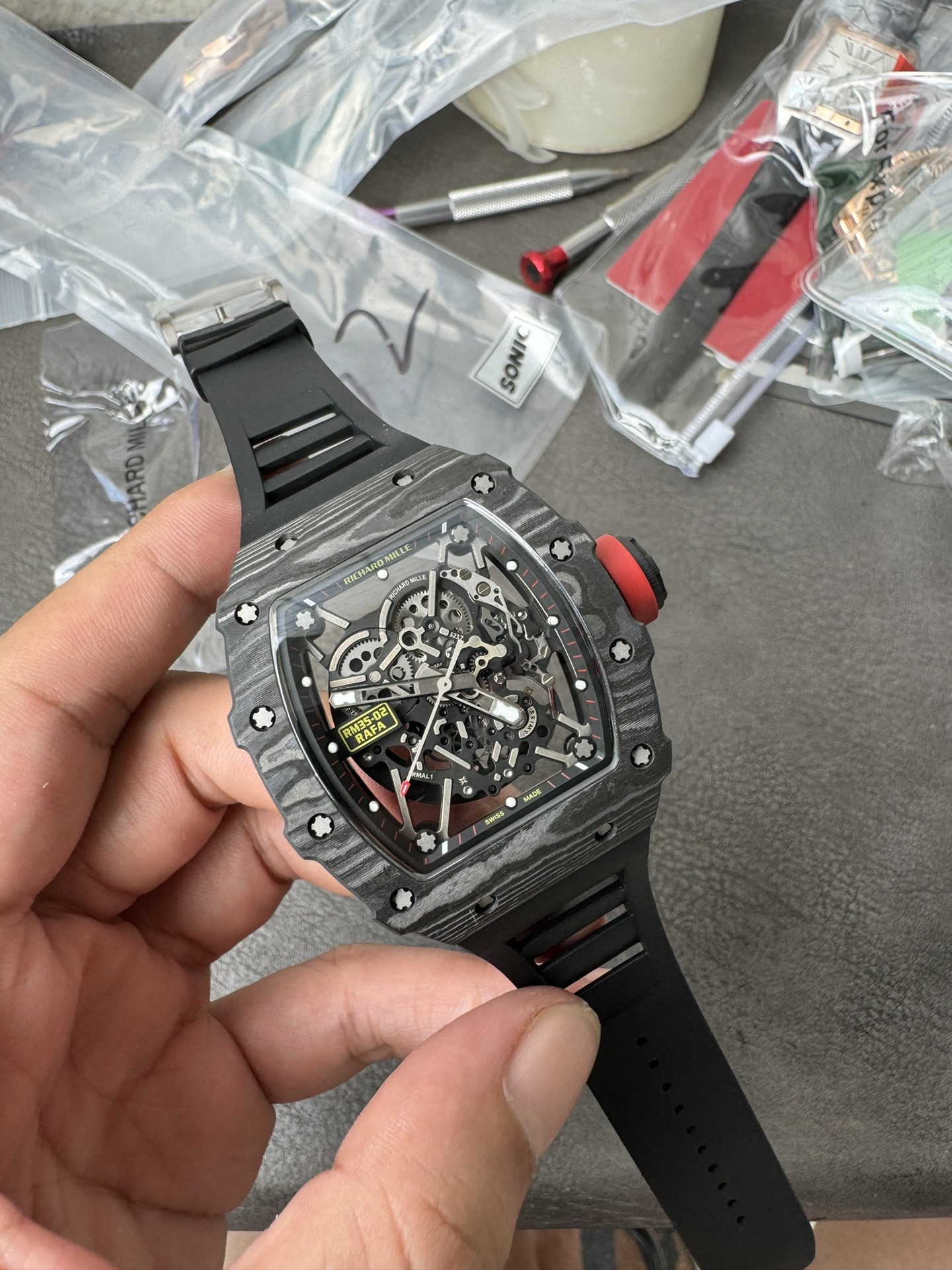 Super Clone 1:1 Richard Mille RM35-02 Rafa Carbon Skeleton Watch – Red Crown Edition