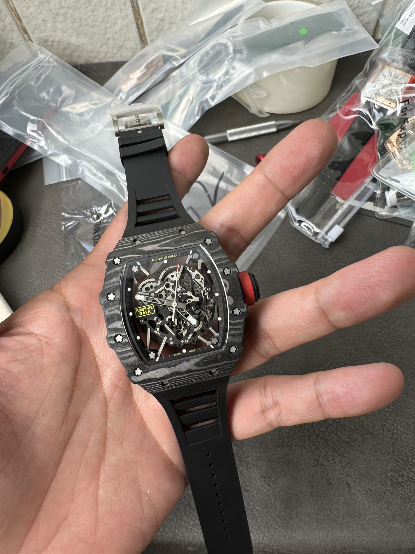 Super Clone 1:1 Richard Mille RM35-02 Rafa Carbon Skeleton Watch – Red Crown Edition