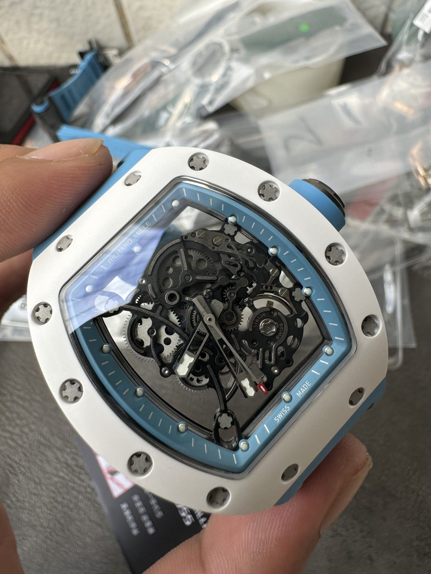 Super Clone 1:1 Richard Mille RM055 White Ceramic Skeleton Watch – Blue Strap Edition