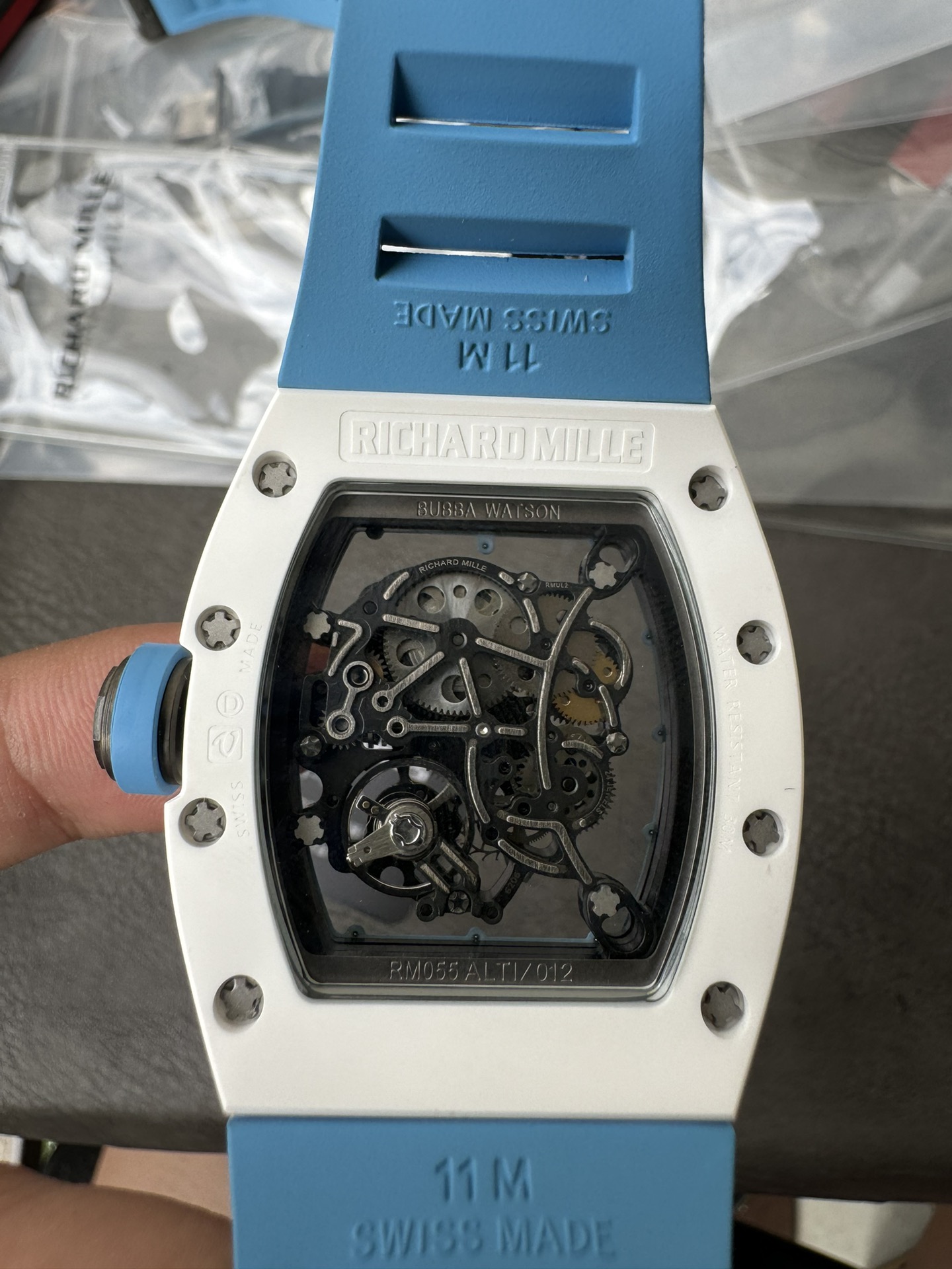 Super Clone 1:1 Richard Mille RM055 White Ceramic Skeleton Watch – Blue Strap Edition