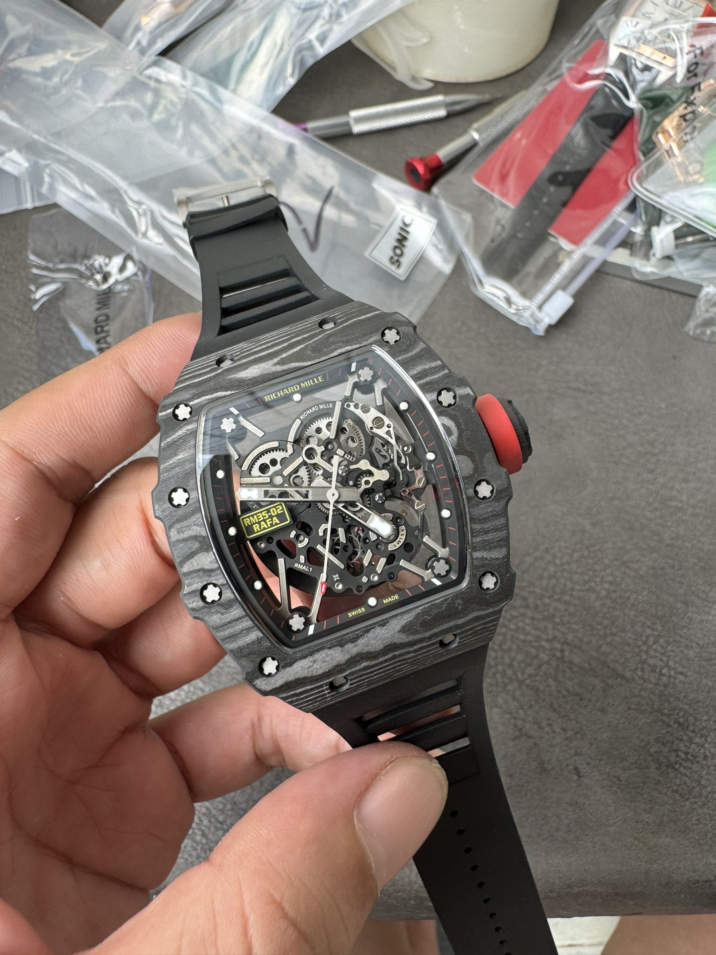 Super Clone 1:1 Richard Mille RM35-02 Rafa Carbon Skeleton Watch – Red Crown Edition