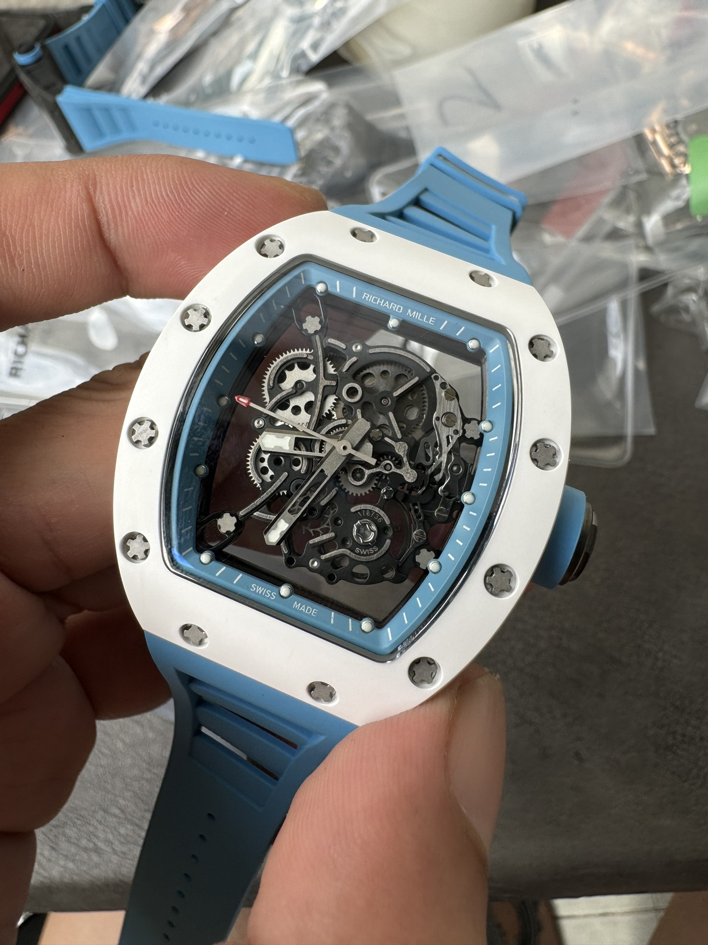 Super Clone 1:1 Richard Mille RM055 White Ceramic Skeleton Watch – Blue Strap Edition