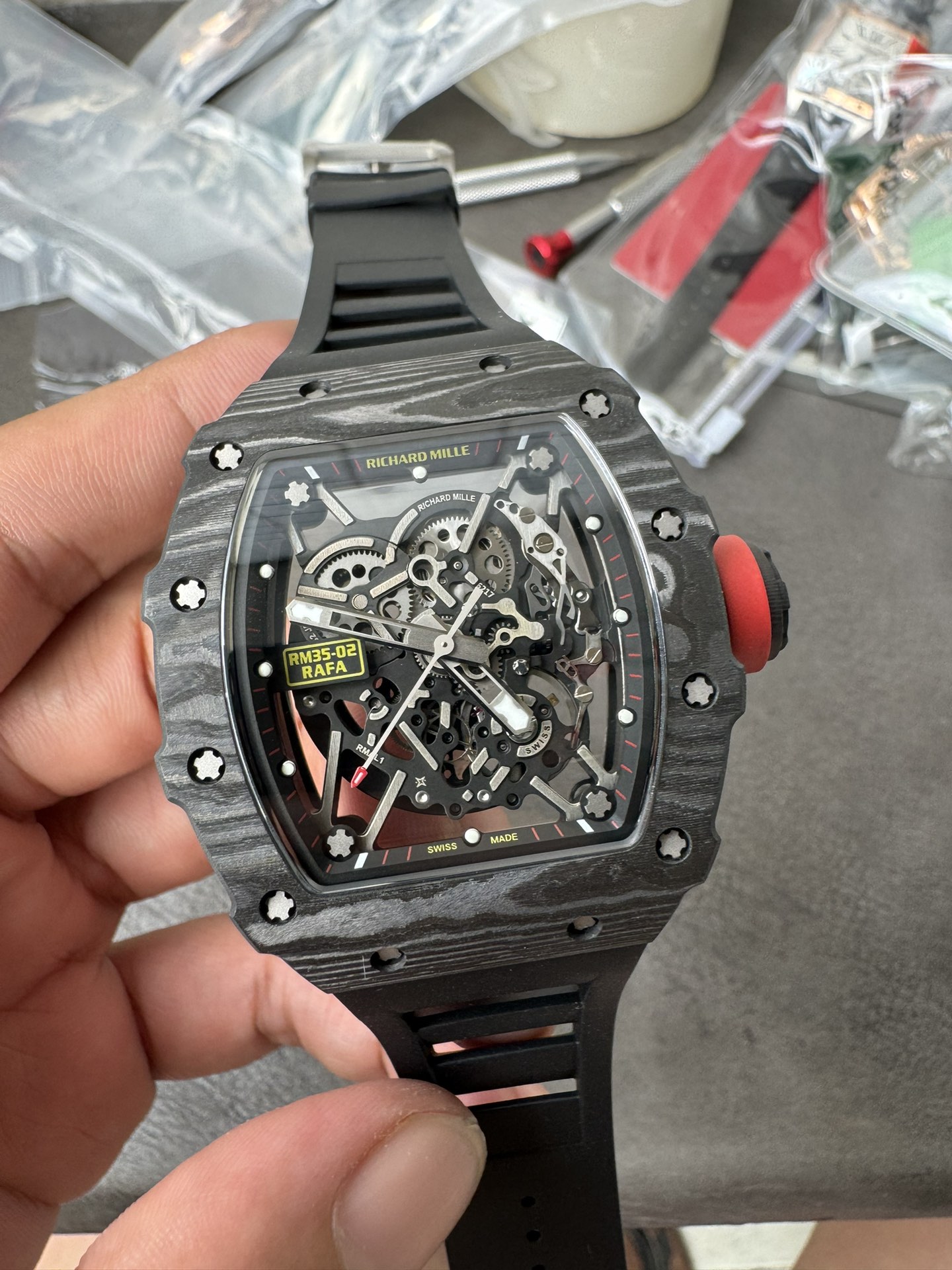 Super Clone 1:1 Richard Mille RM35-02 Rafa Carbon Skeleton Watch – Red Crown Edition