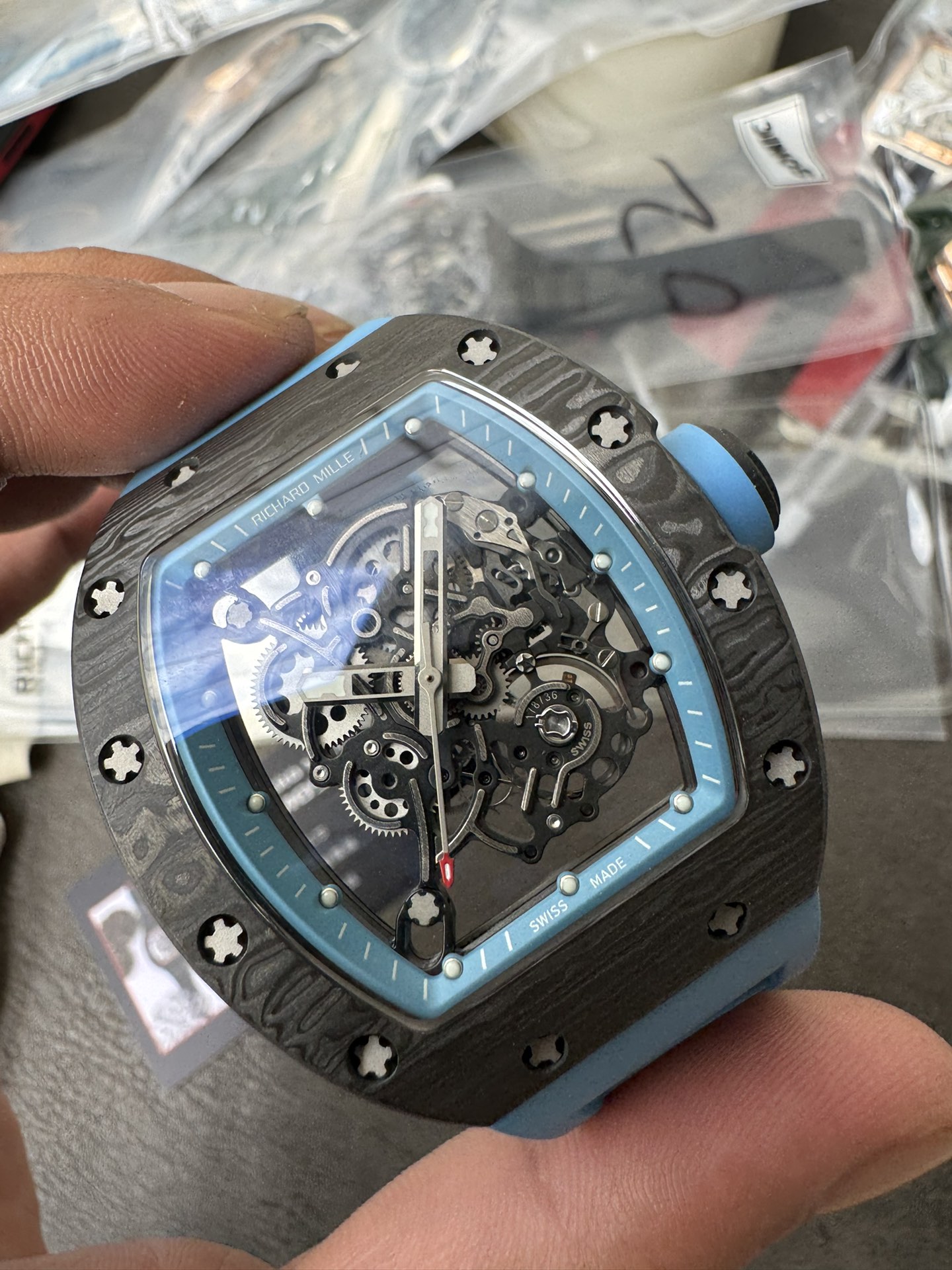 Super Clone 1:1 Richard Mille RM055 Carbon Fiber Skeleton Watch – Blue Inner Bezel & Strap