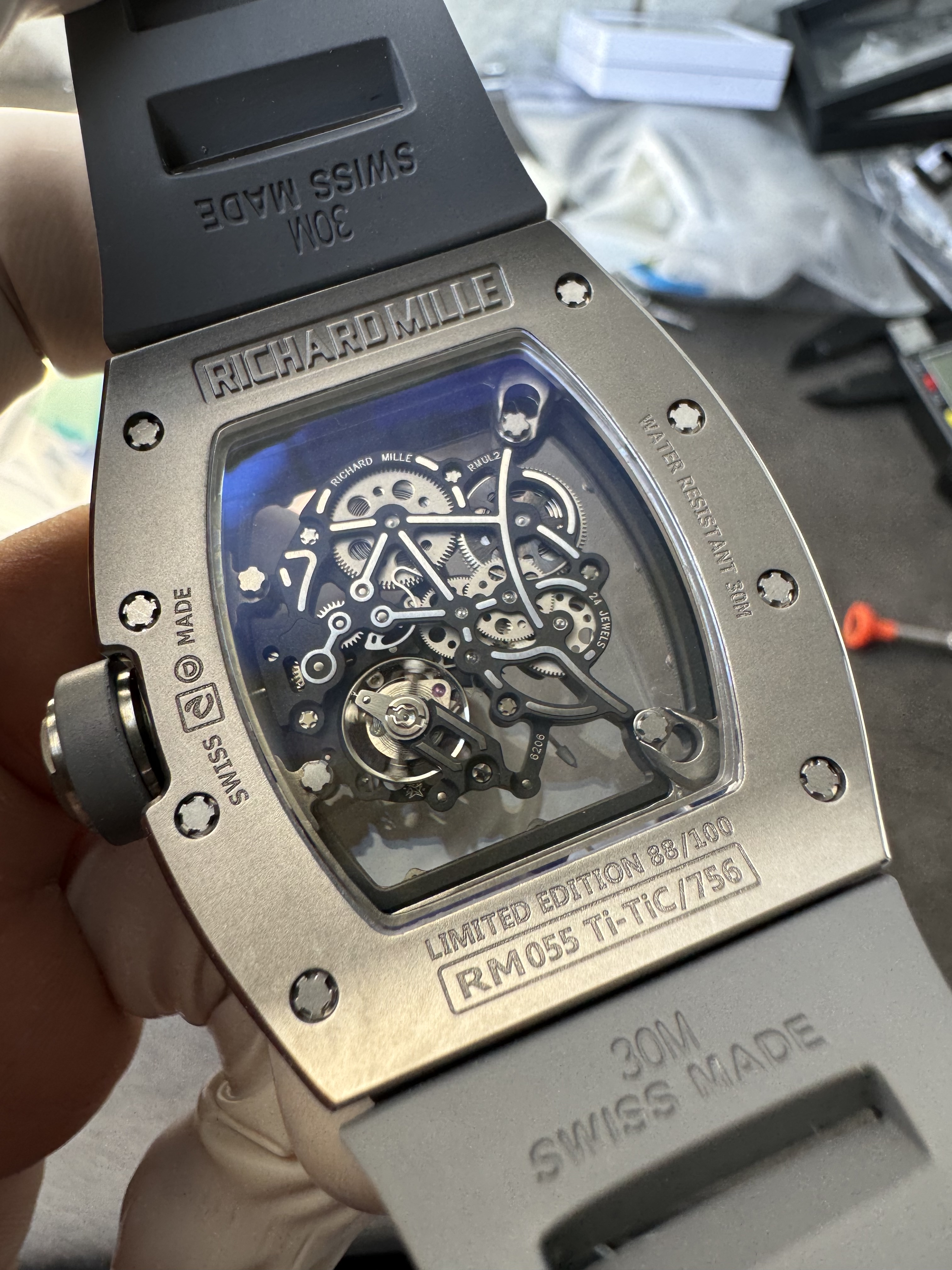 Super Clone Richard Mille 1:1 RM055 Vaucher  – Premium Grey Ceramic & Titanium Case with Skeleton Dial