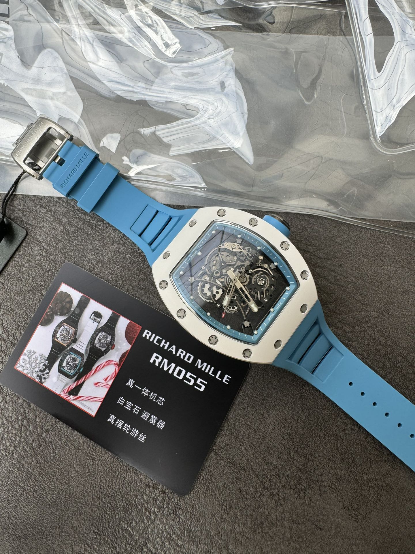 Super Clone 1:1 Richard Mille RM055 White Ceramic Skeleton Watch – Blue Strap Edition