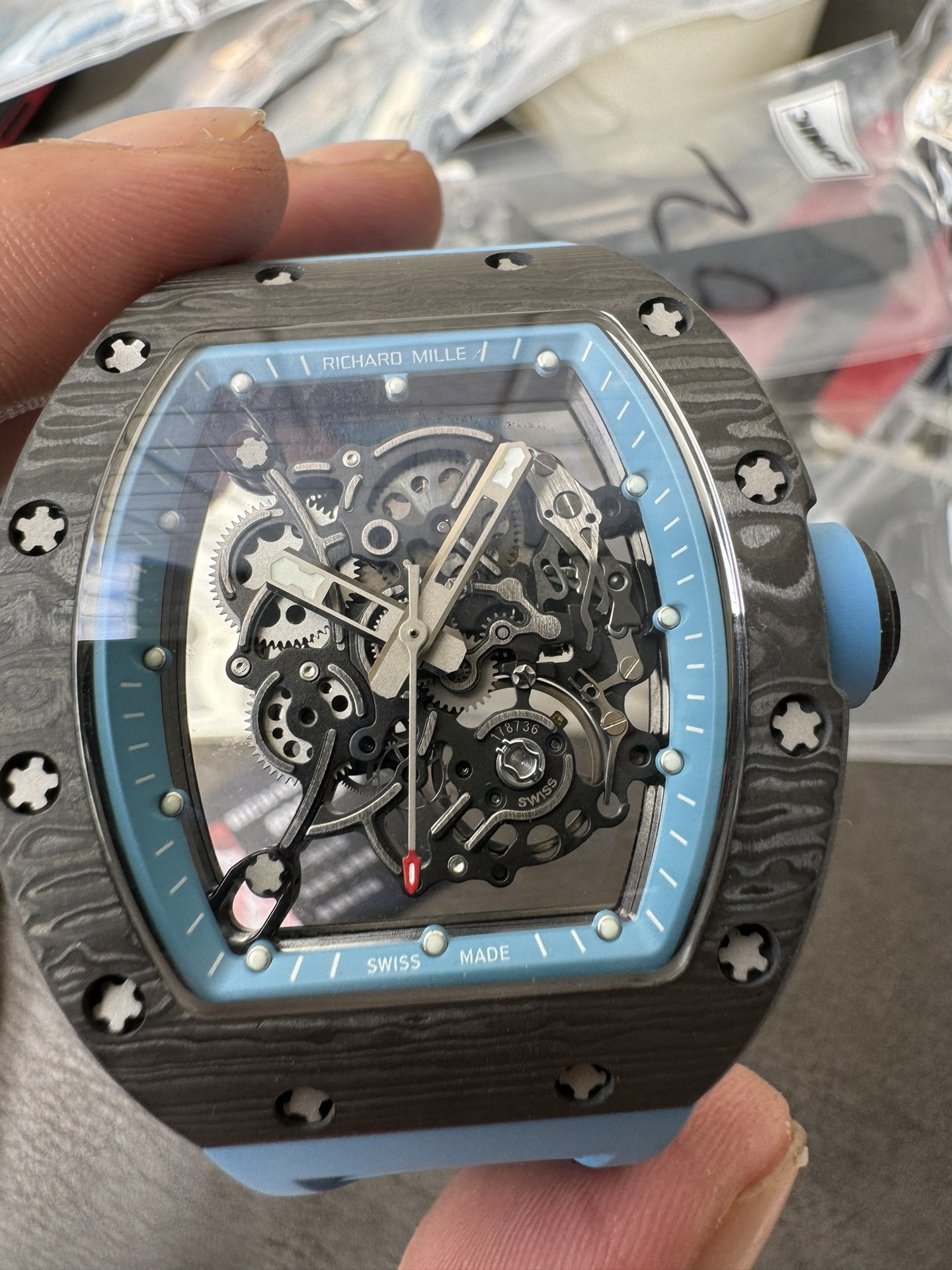 Super Clone 1:1 Richard Mille RM055 Carbon Fiber Skeleton Watch – Blue Inner Bezel & Strap
