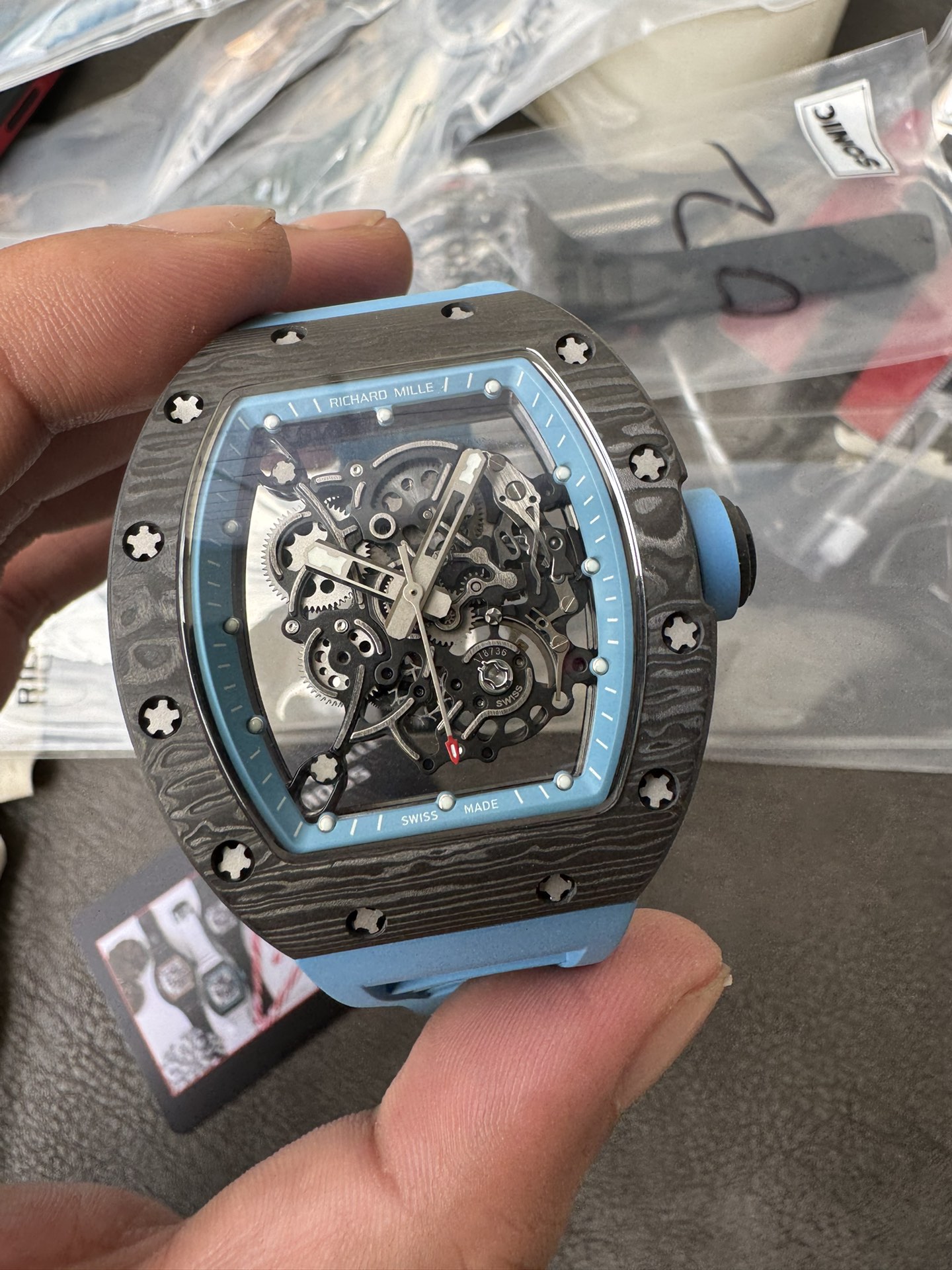 Super Clone 1:1 Richard Mille RM055 Carbon Fiber Skeleton Watch – Blue Inner Bezel & Strap