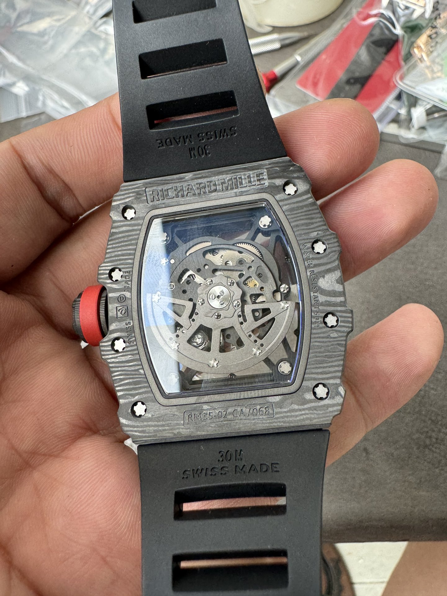 Super Clone 1:1 Richard Mille RM35-02 Rafa Carbon Skeleton Watch – Red Crown Edition