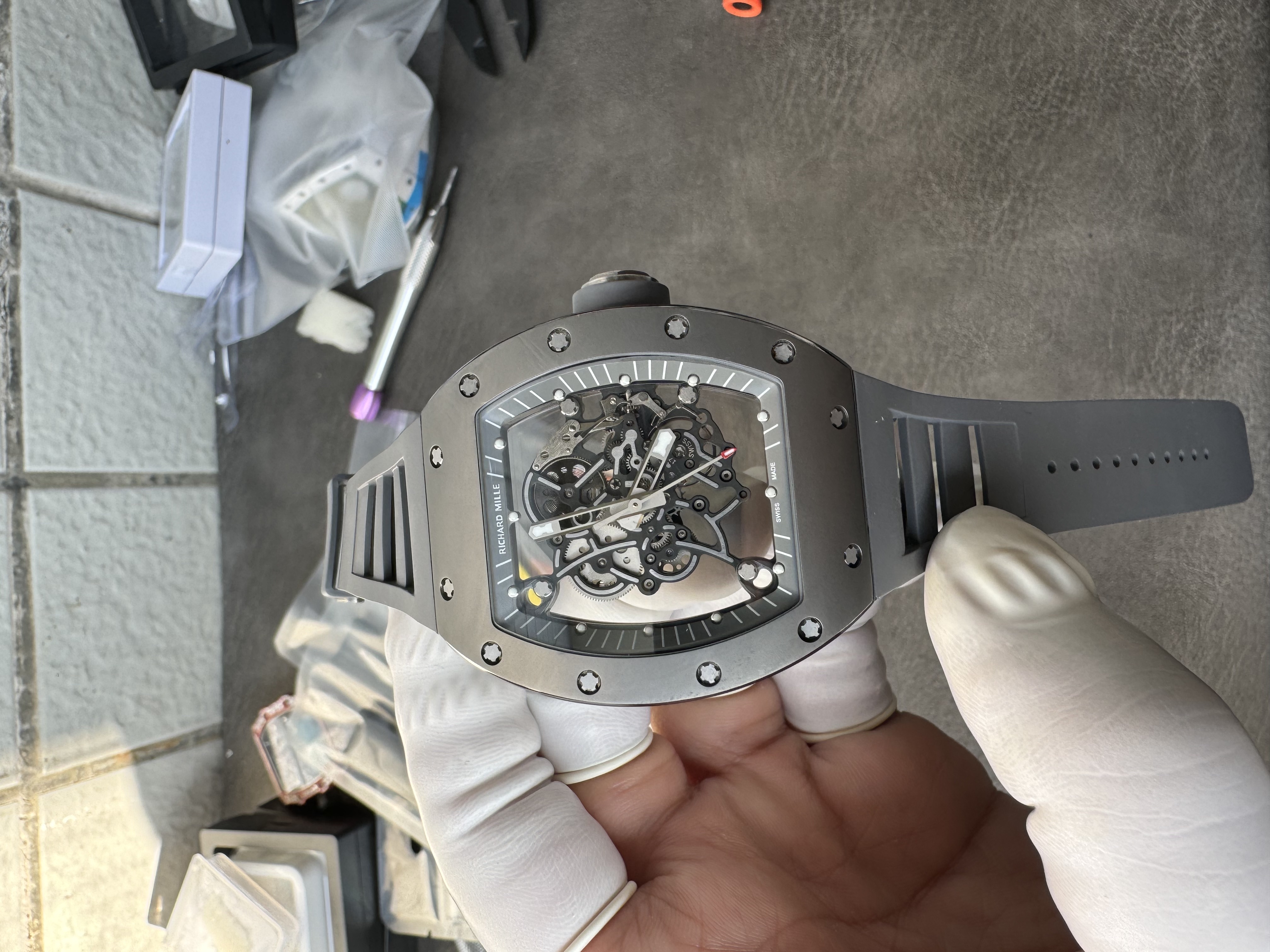 Super Clone Richard Mille 1:1 RM055 Vaucher  – Premium Grey Ceramic & Titanium Case with Skeleton Dial
