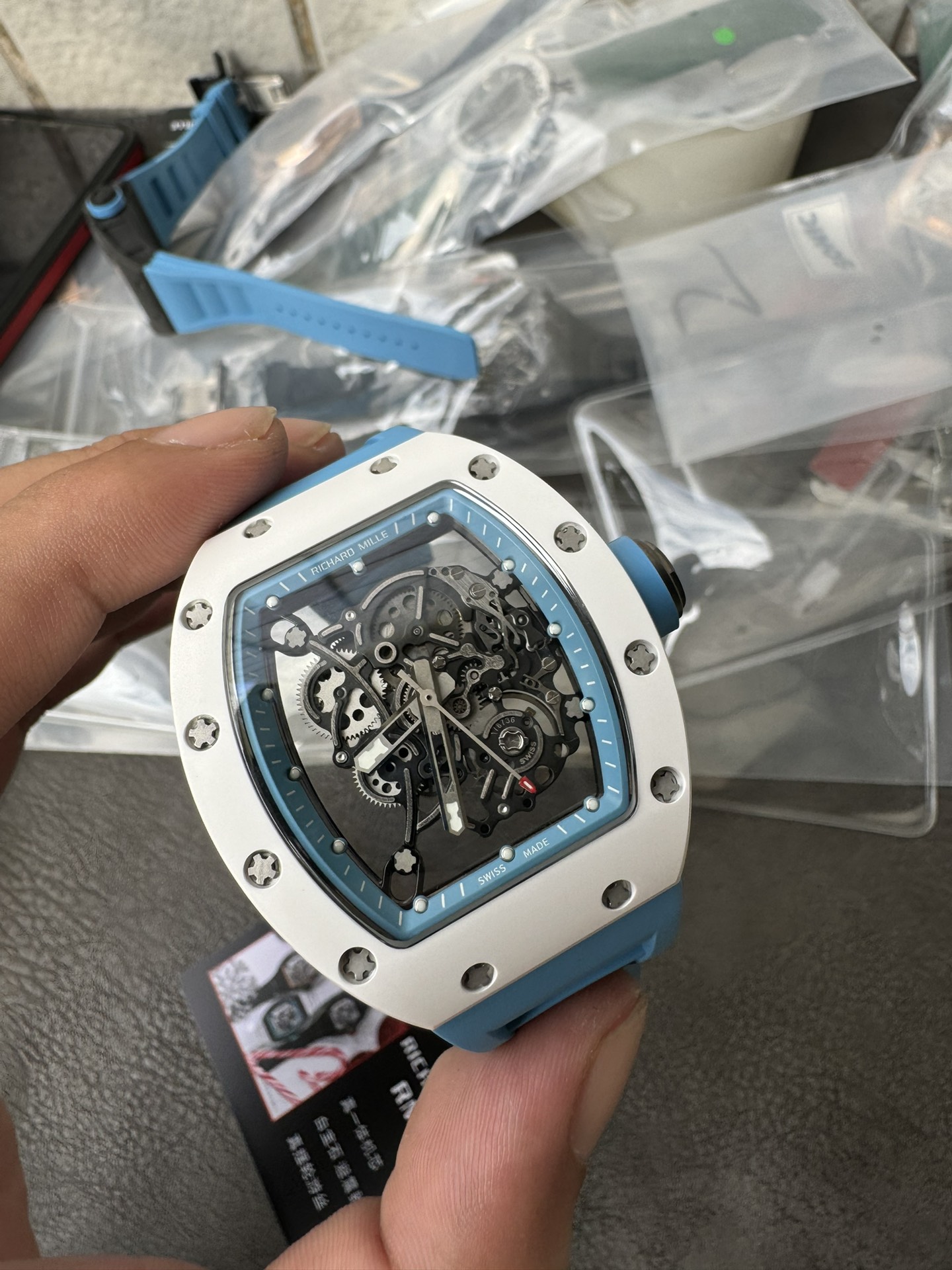 Super Clone 1:1 Richard Mille RM055 White Ceramic Skeleton Watch – Blue Strap Edition