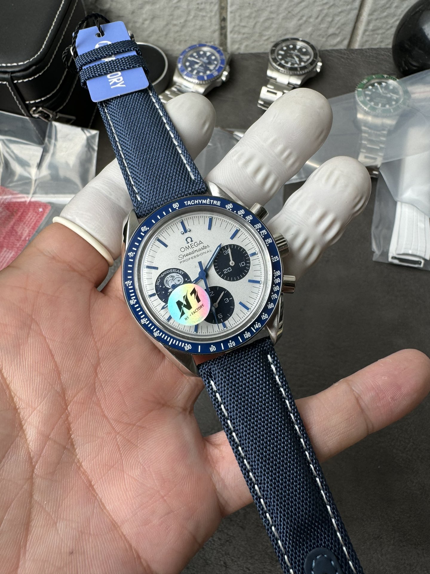 Super Clone 1:1 Omega Speedmaster Snoopy 50th Anniversary Silver Dial – Blue Strap